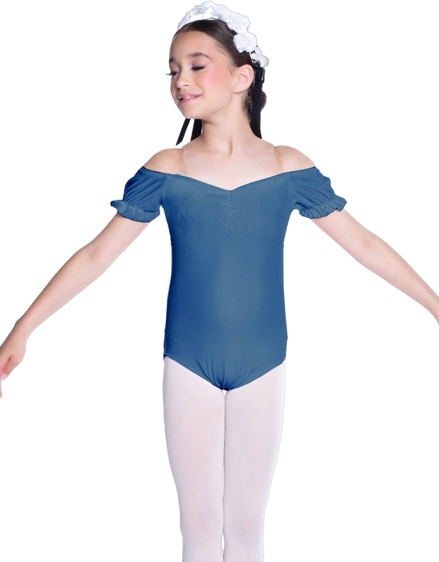 Solid Lycra Puff Sleeve Off the Shoulder Peasant Leotard