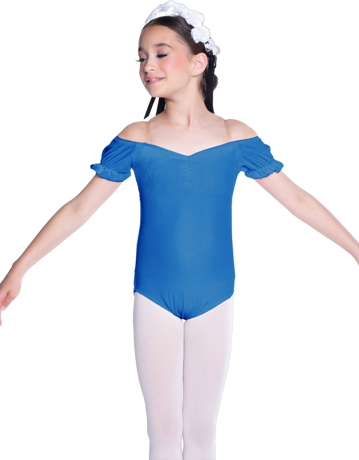 Solid Lycra Puff Sleeve Off the Shoulder Peasant Leotard