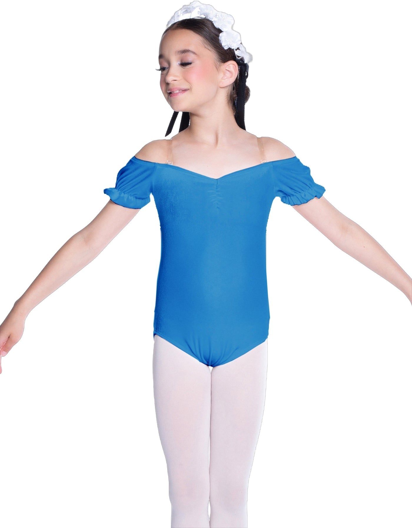 Solid Lycra Puff Sleeve Off the Shoulder Peasant Leotard