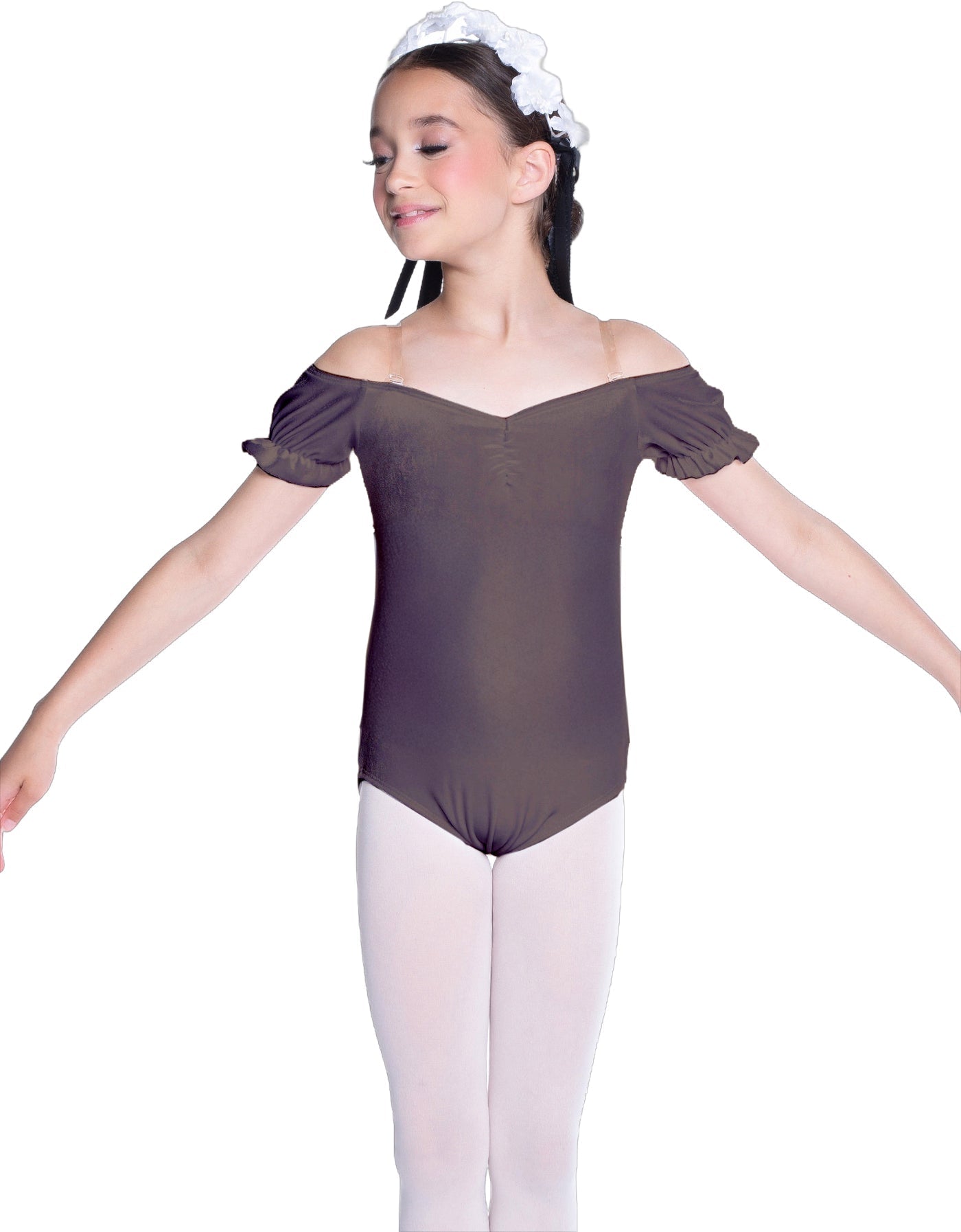 Solid Lycra Puff Sleeve Off the Shoulder Peasant Leotard
