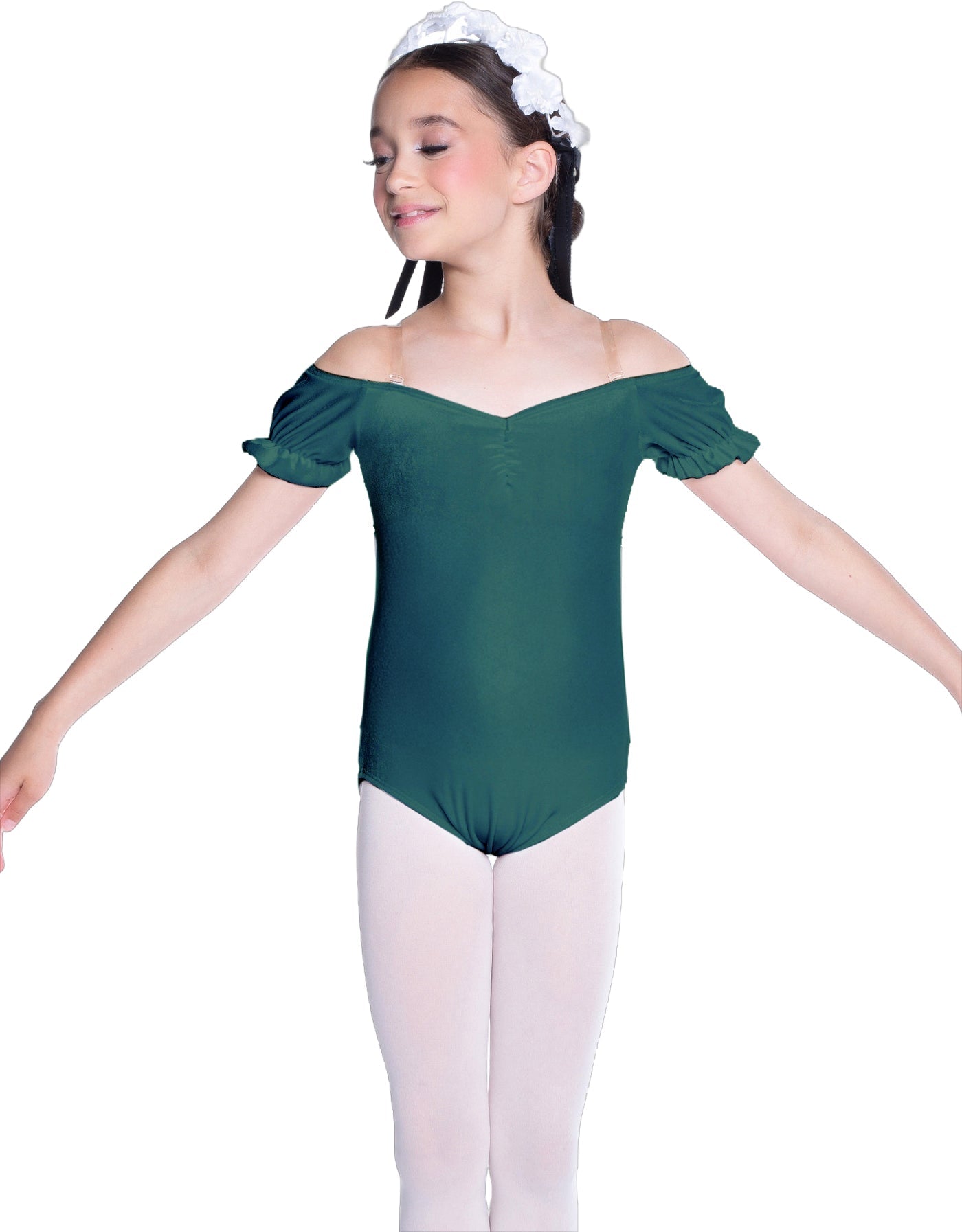 Solid Lycra Puff Sleeve Off the Shoulder Peasant Leotard