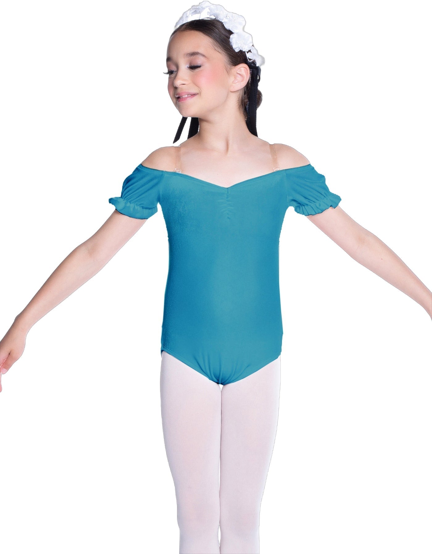 Solid Lycra Puff Sleeve Off the Shoulder Peasant Leotard
