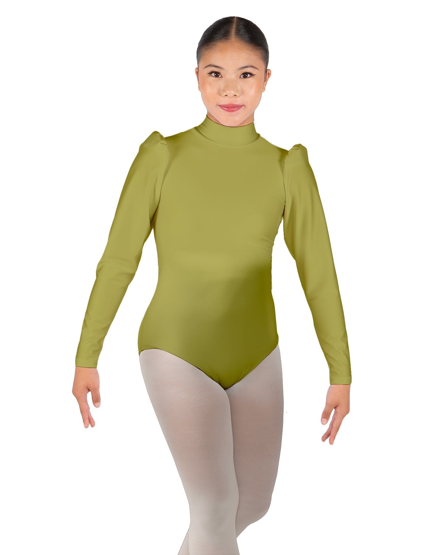 Solid Lycra Long Puff Sleeve with Tneck and Zipper Back Leotard