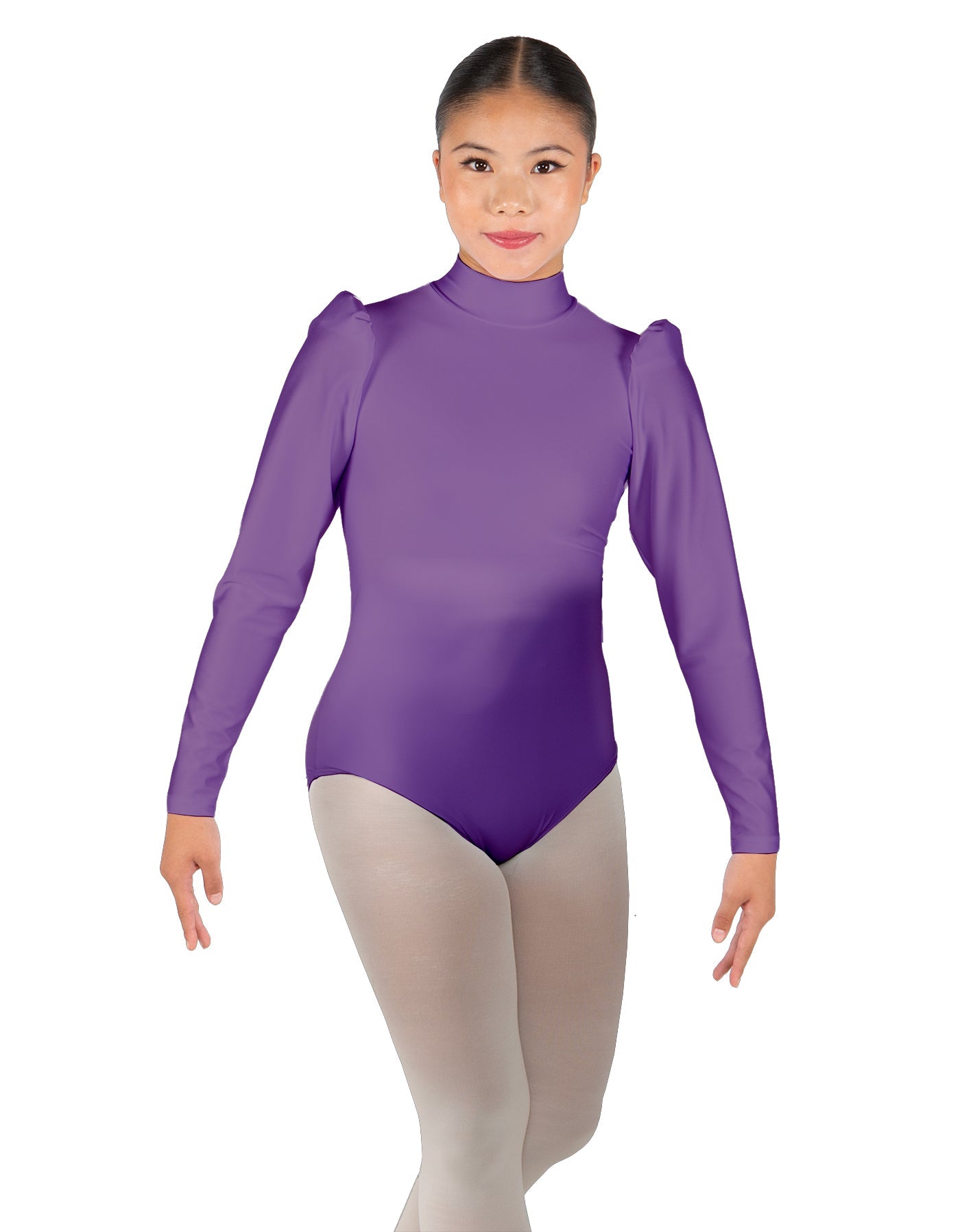 Solid Lycra Long Puff Sleeve with Tneck and Zipper Back Leotard