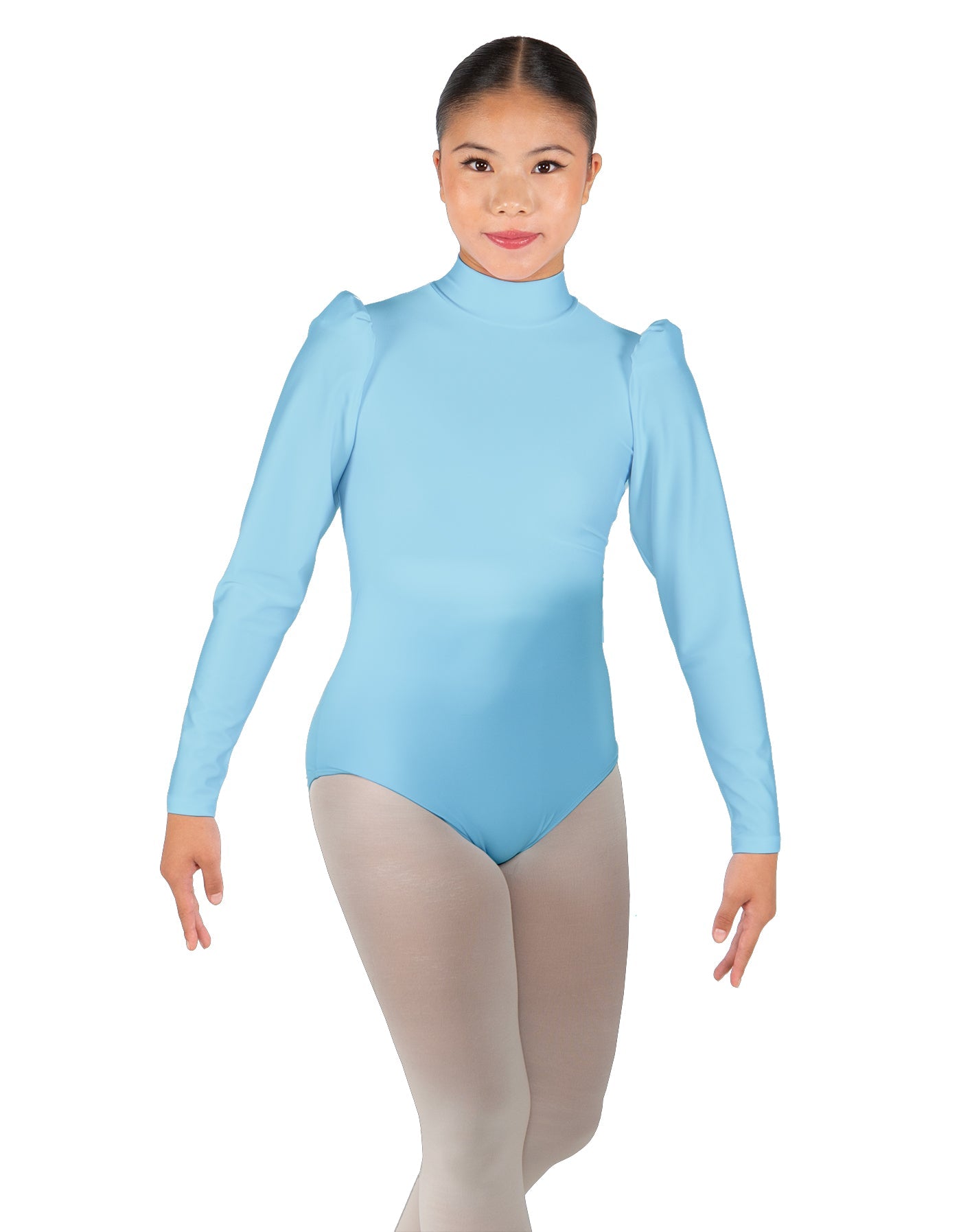 Solid Lycra Long Puff Sleeve with Tneck and Zipper Back Leotard