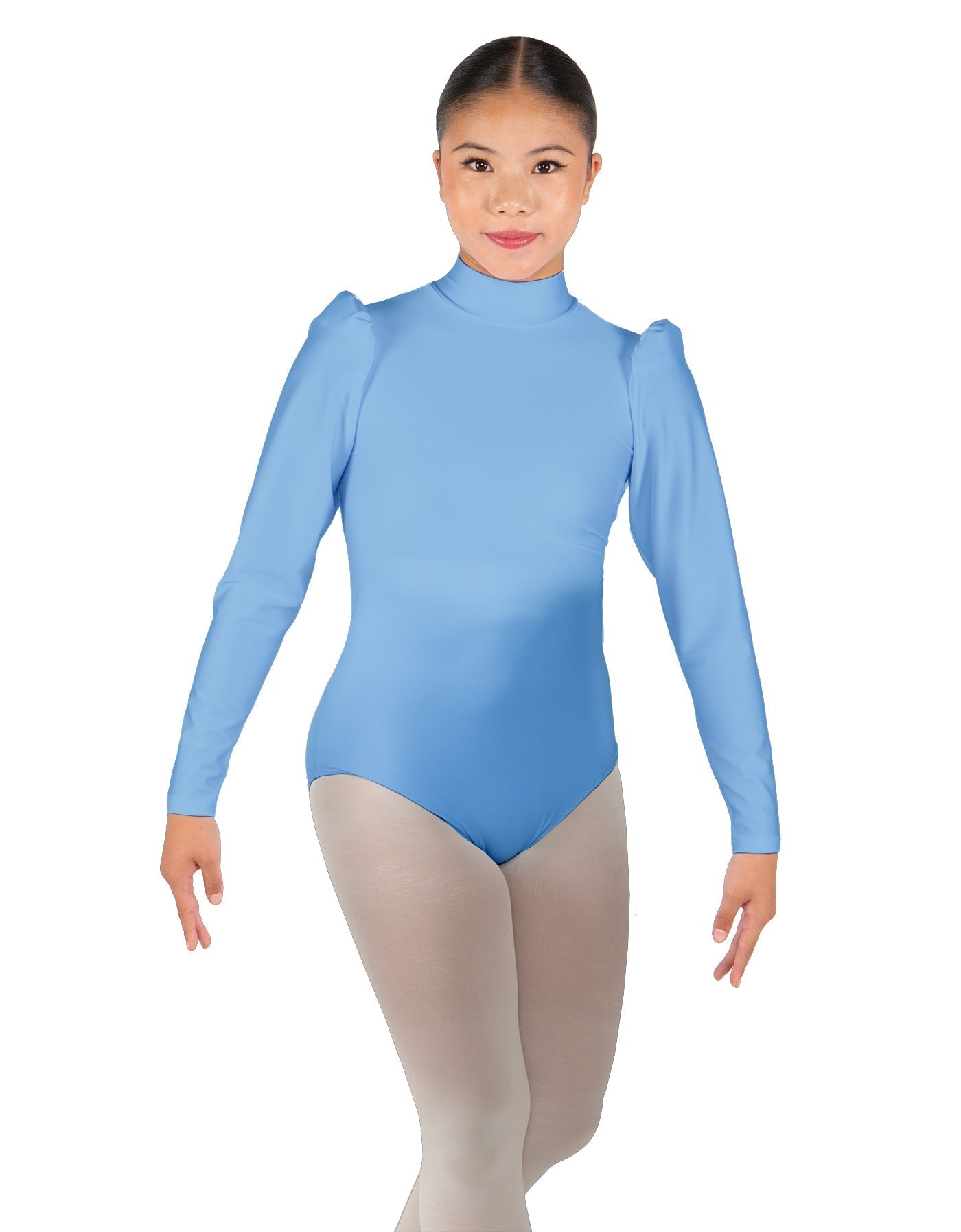 Solid Lycra Long Puff Sleeve with Tneck and Zipper Back Leotard