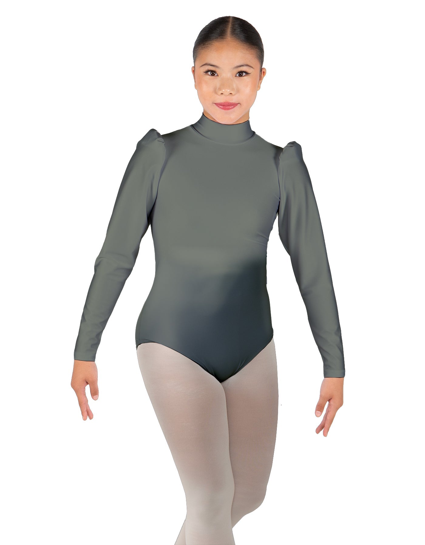 Solid Lycra Long Puff Sleeve with Tneck and Zipper Back Leotard