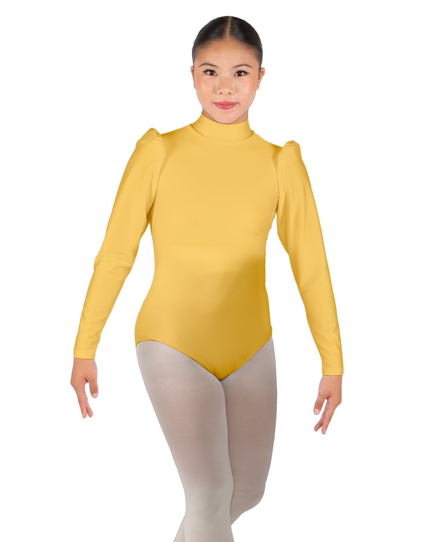 Solid Lycra Long Puff Sleeve with Tneck and Zipper Back Leotard