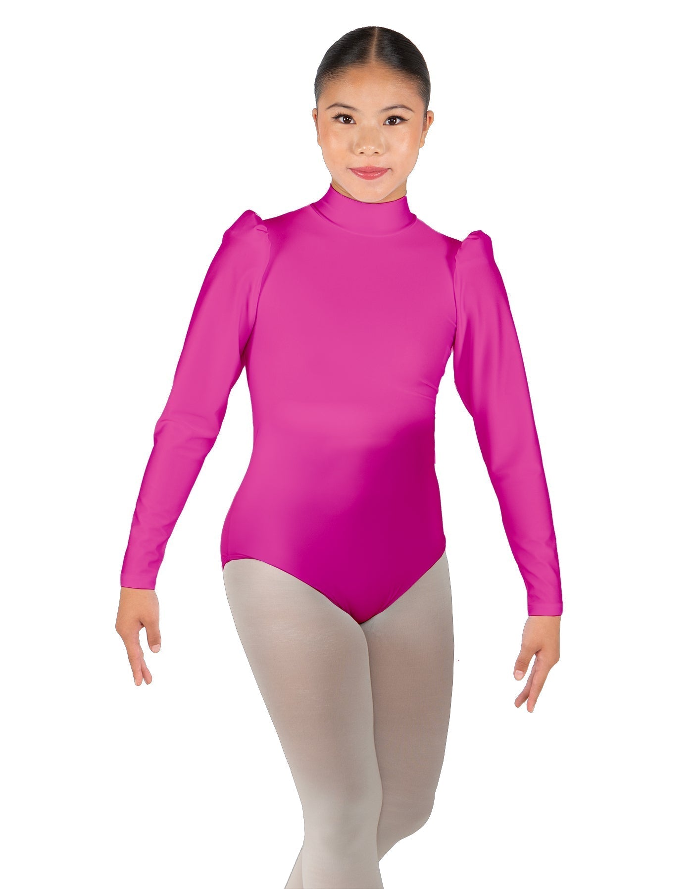 Solid Lycra Long Puff Sleeve with Tneck and Zipper Back Leotard