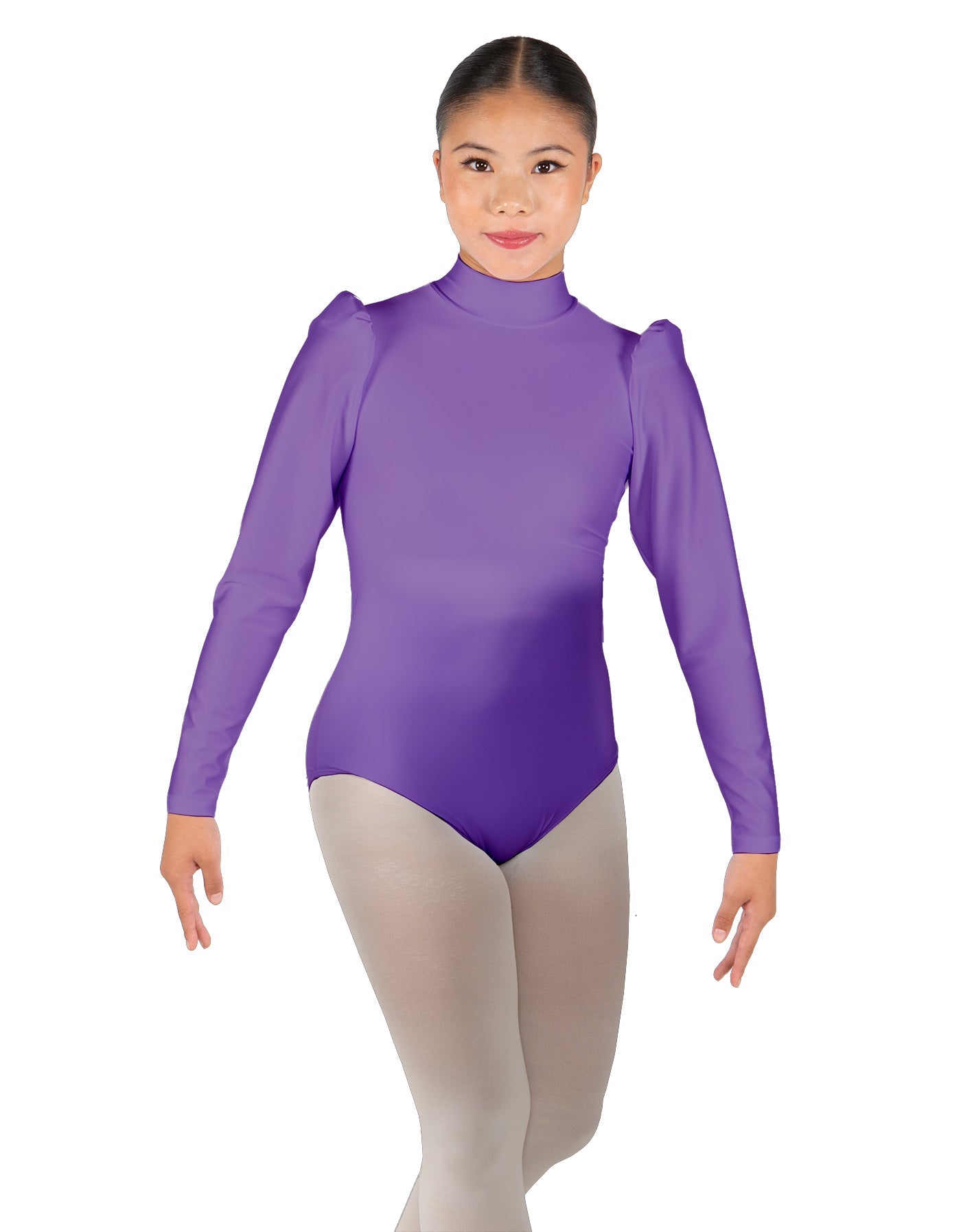 Solid Lycra Long Puff Sleeve with Tneck and Zipper Back Leotard