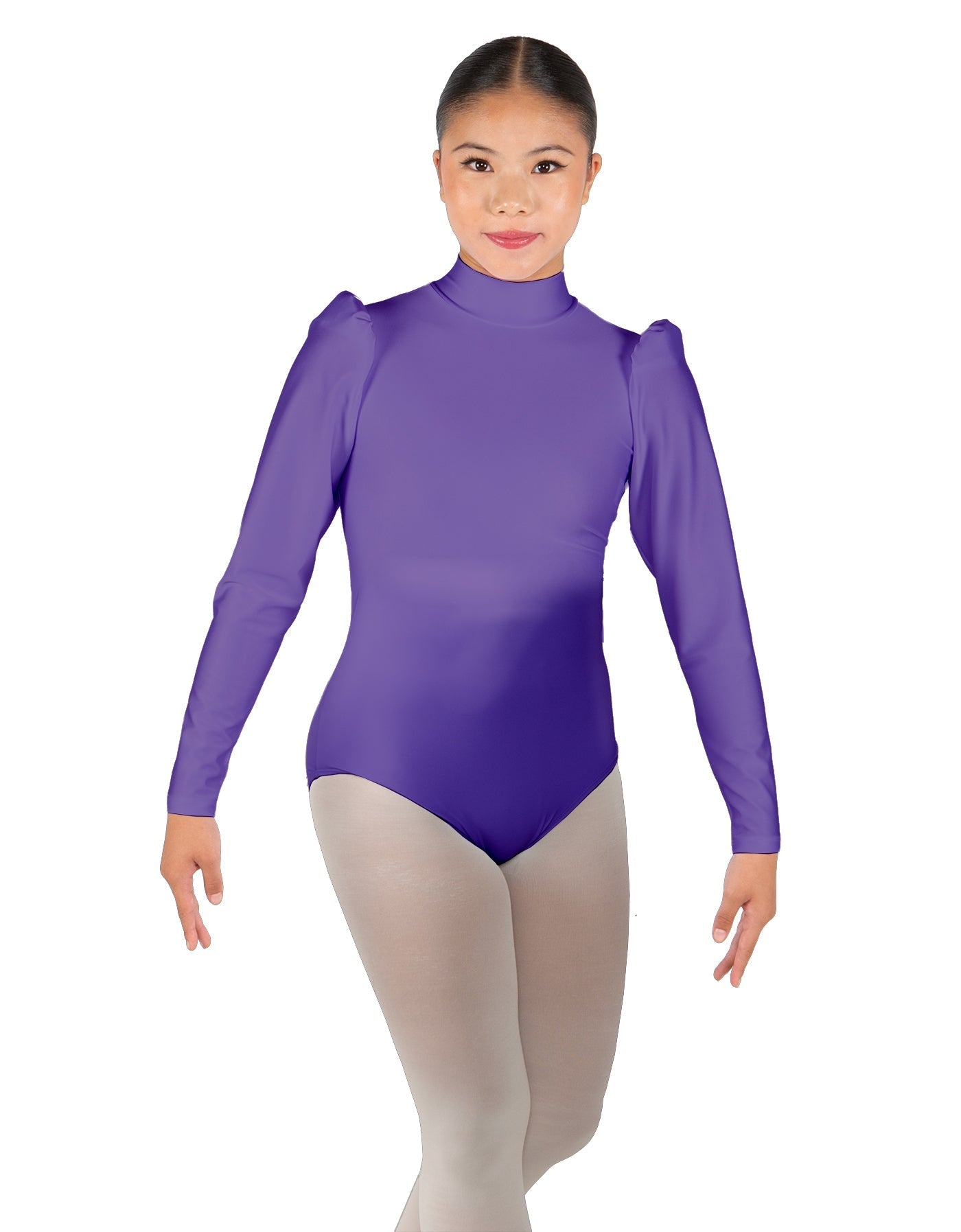 Solid Lycra Long Puff Sleeve with Tneck and Zipper Back Leotard