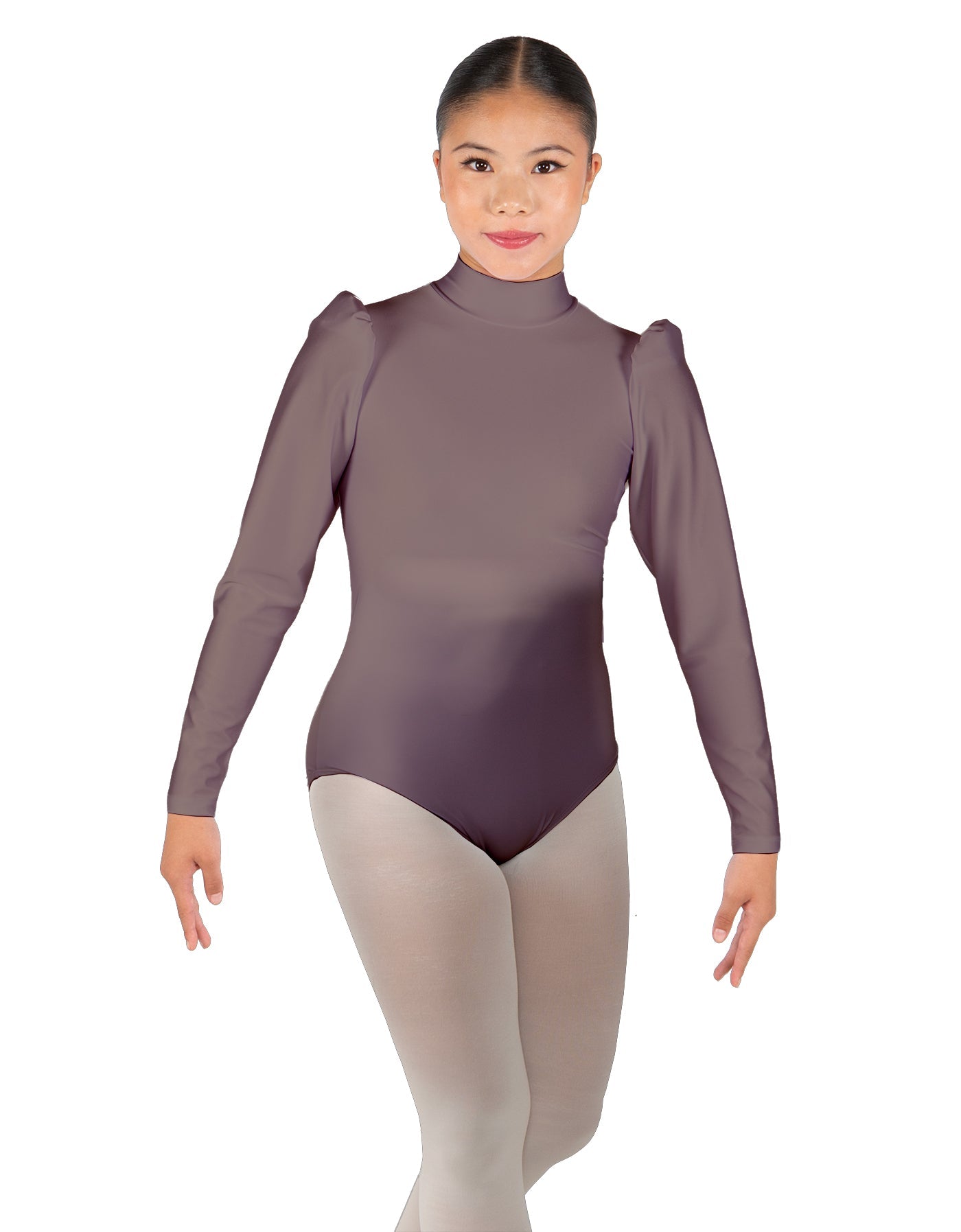 Solid Lycra Long Puff Sleeve with Tneck and Zipper Back Leotard