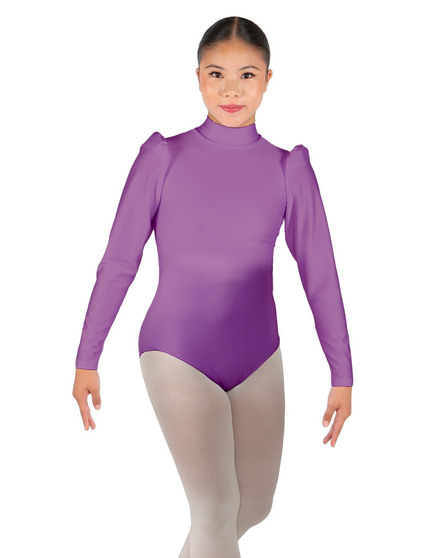 Solid Lycra Long Puff Sleeve with Tneck and Zipper Back Leotard