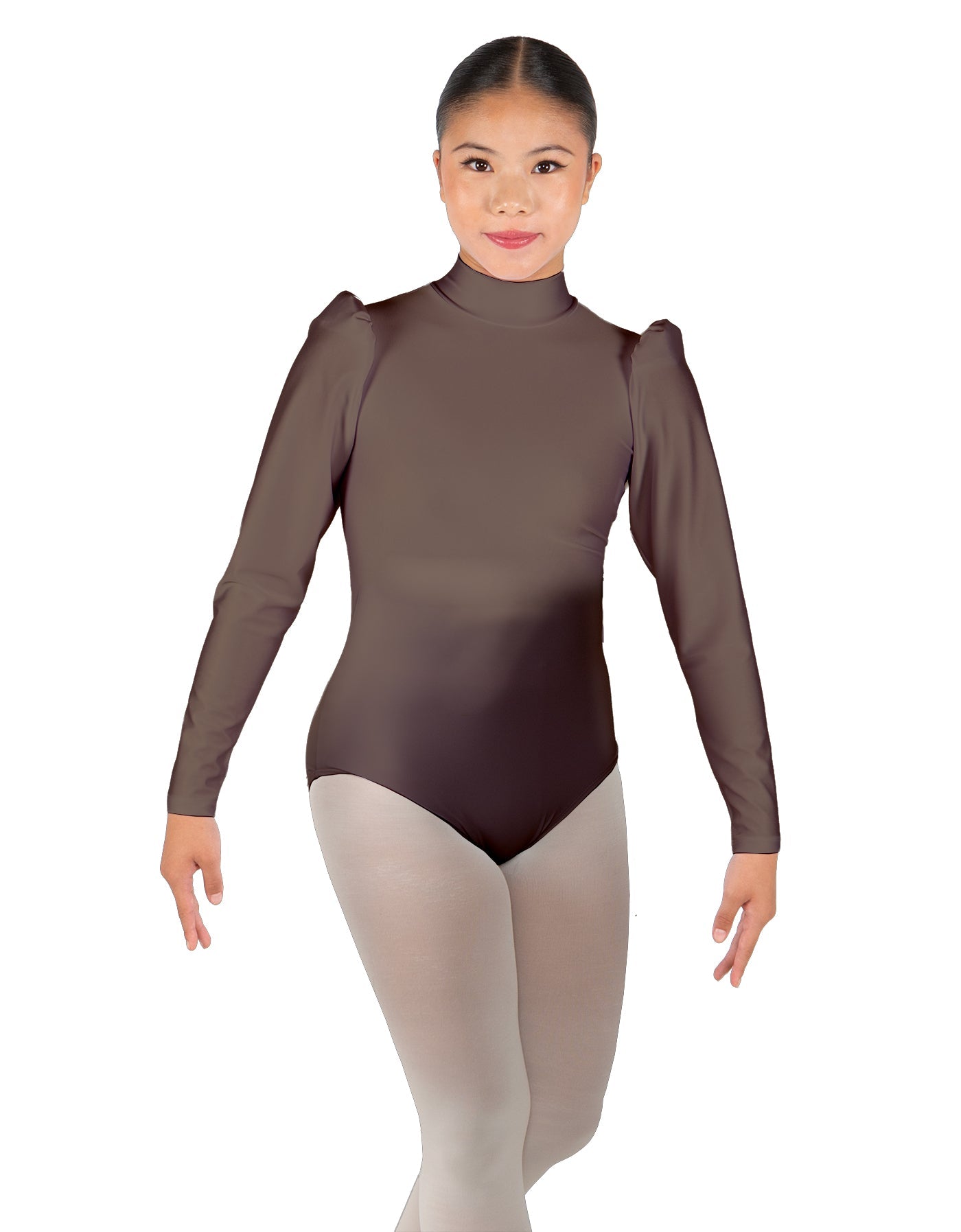 Solid Lycra Long Puff Sleeve with Tneck and Zipper Back Leotard