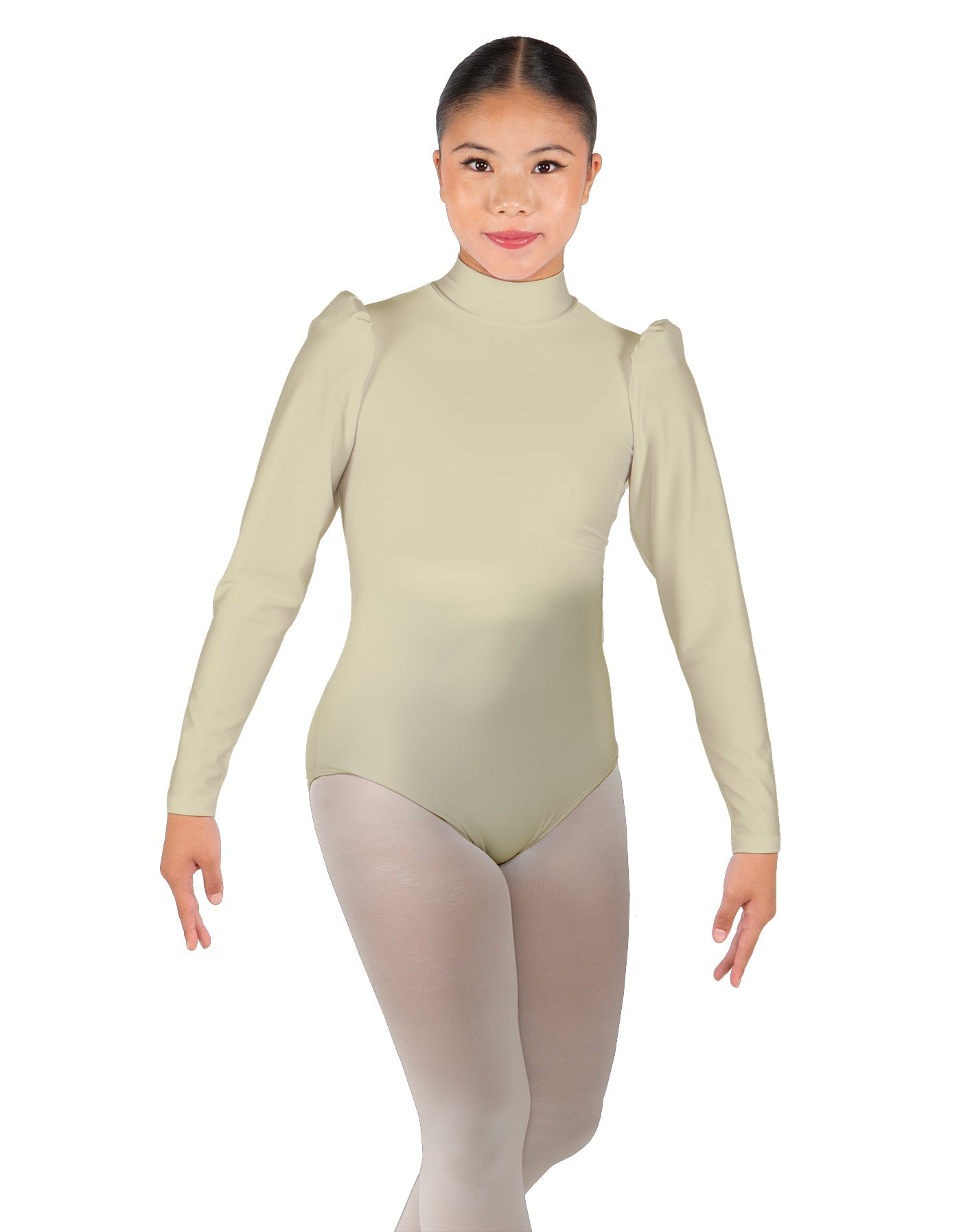 Solid Lycra Long Puff Sleeve with Tneck and Zipper Back Leotard