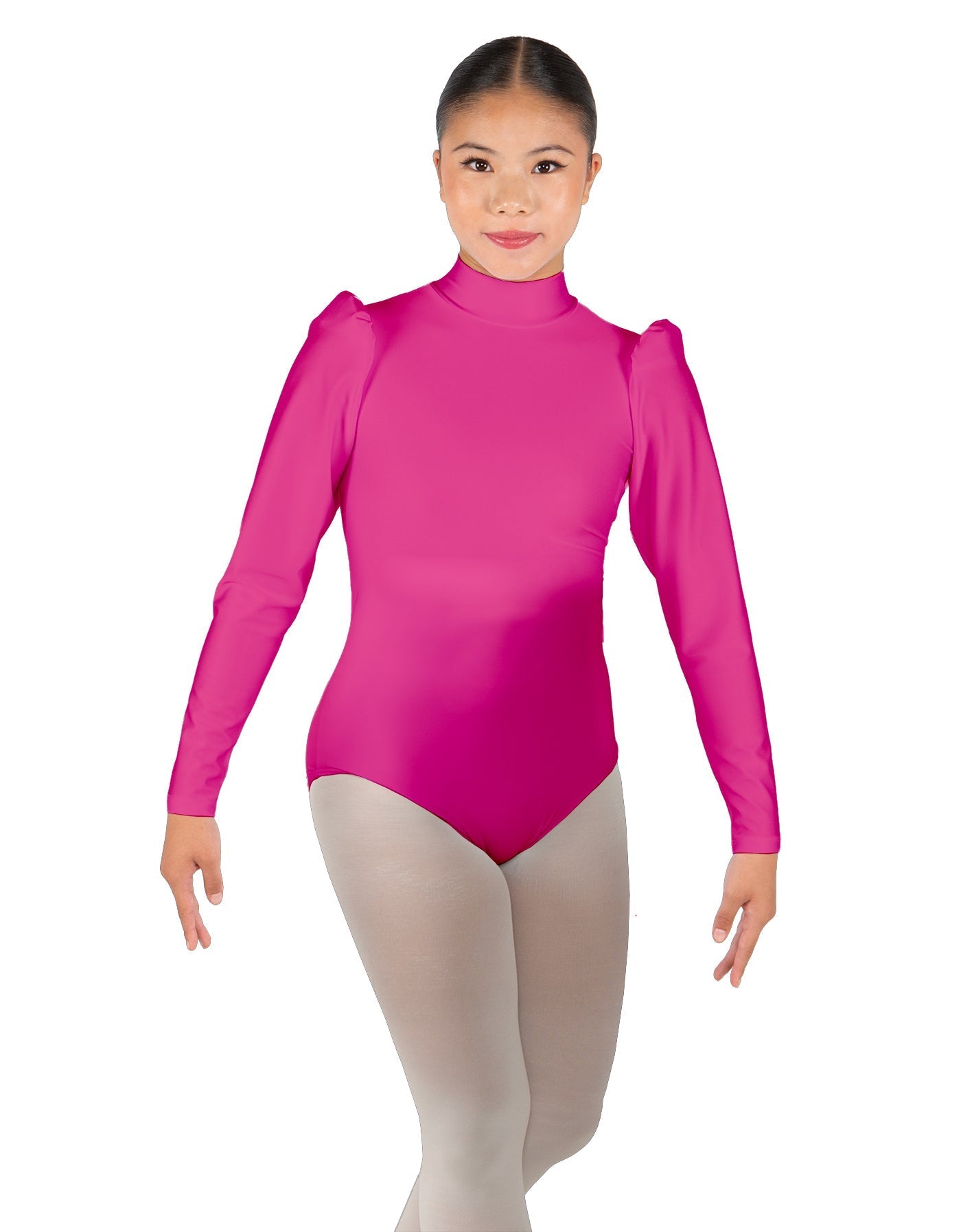 Solid Lycra Long Puff Sleeve with Tneck and Zipper Back Leotard