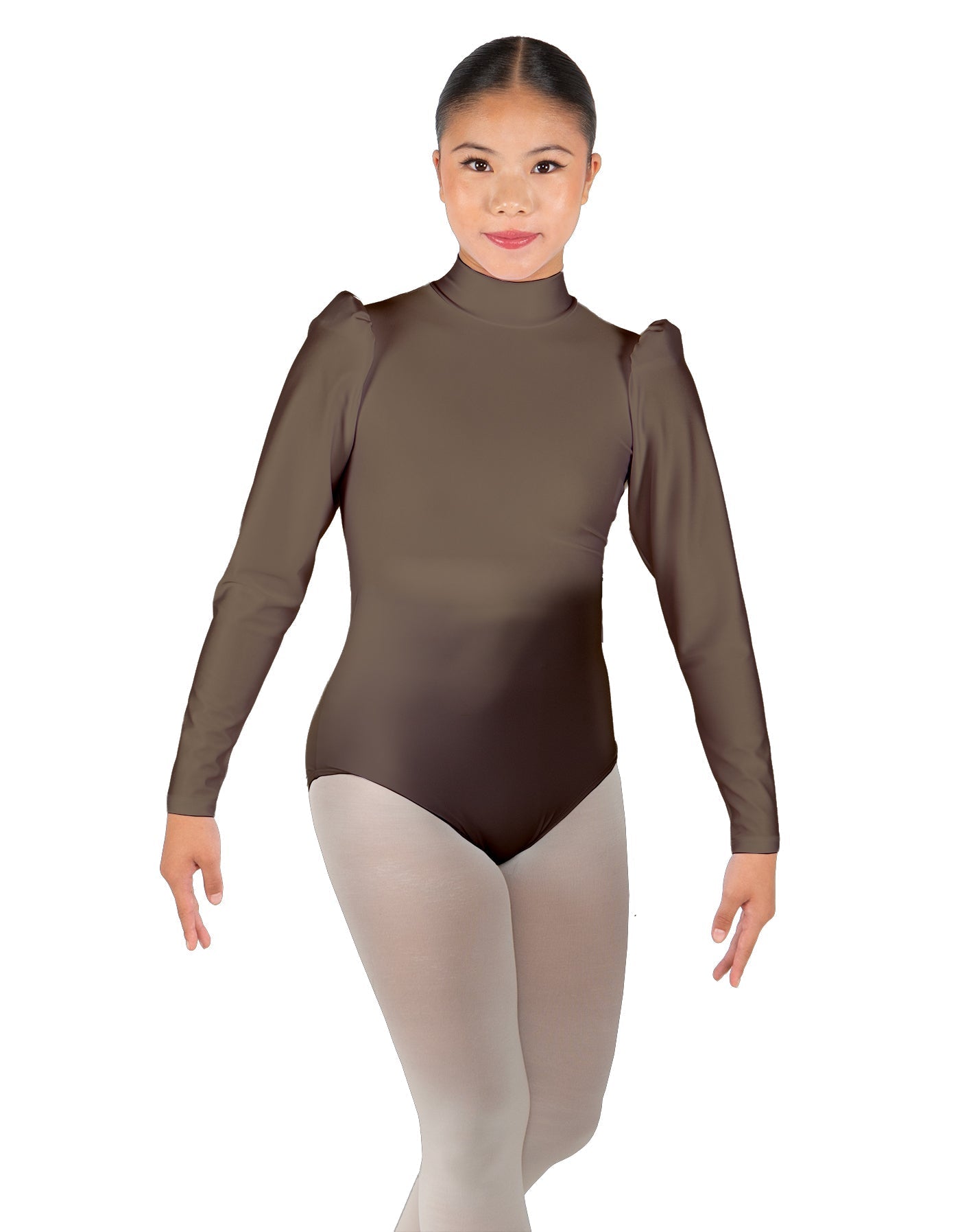 Solid Lycra Long Puff Sleeve with Tneck and Zipper Back Leotard