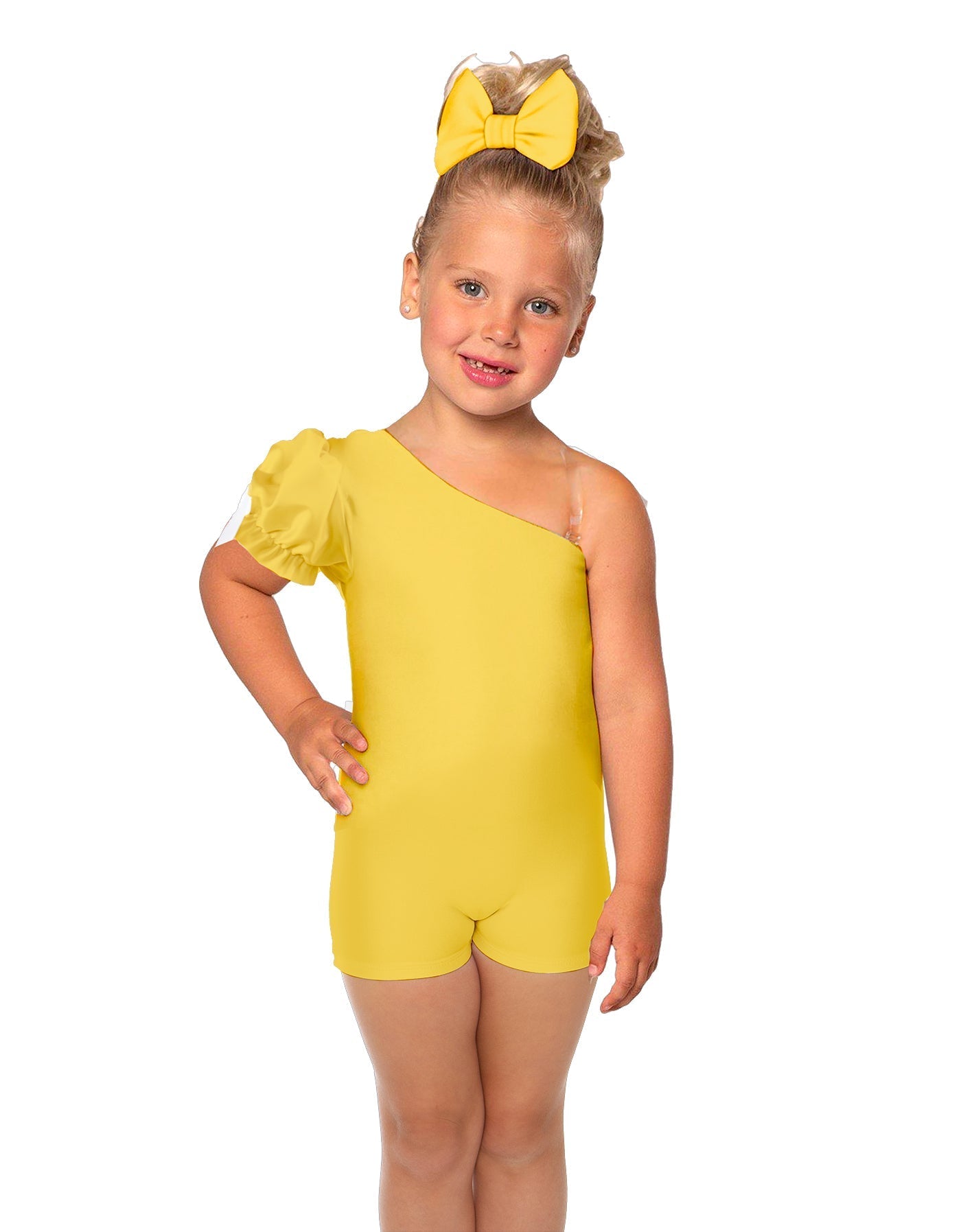 Solid Lycra One Shoulder Puff Sleeve Biketard