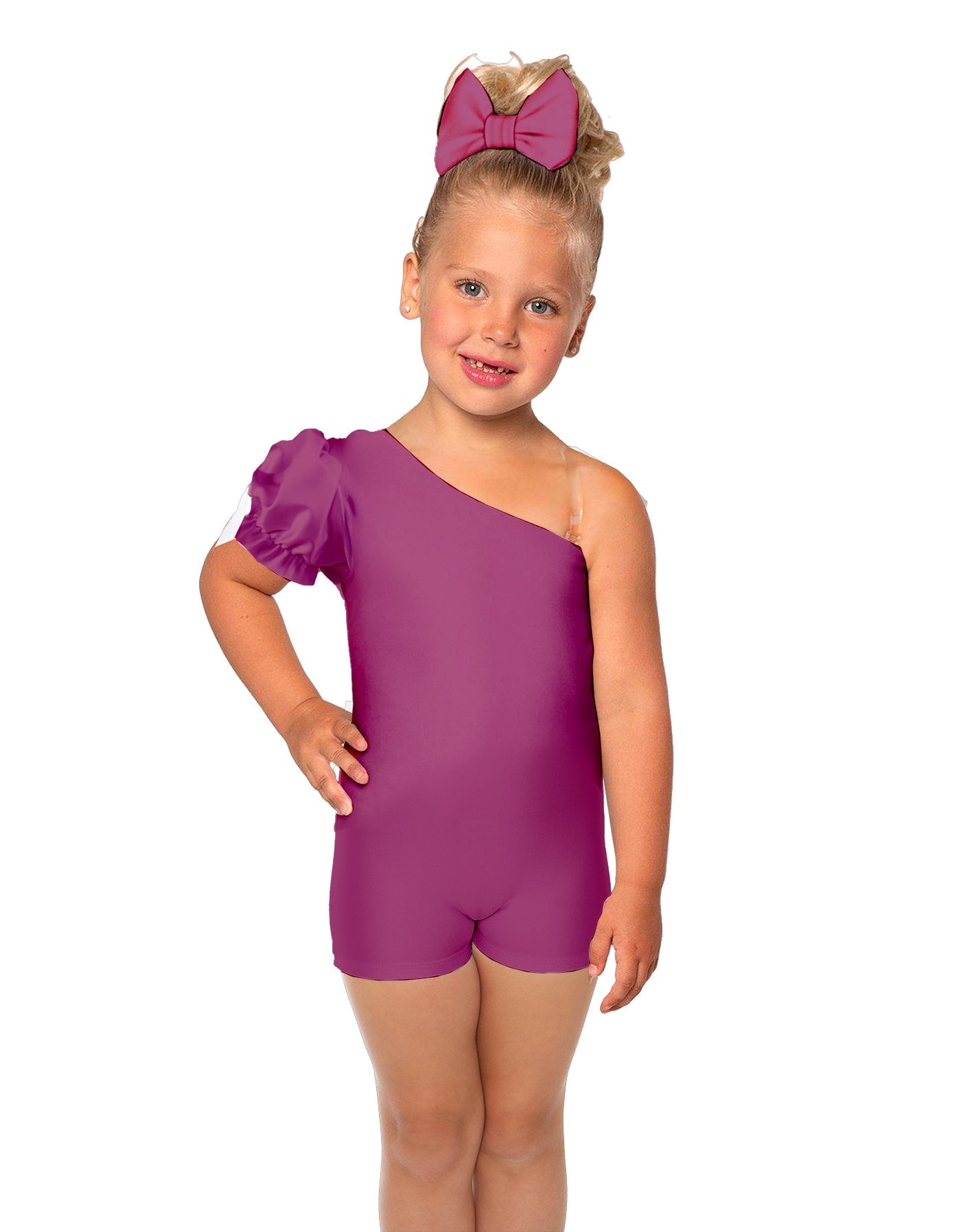 Solid Lycra One Shoulder Puff Sleeve Biketard