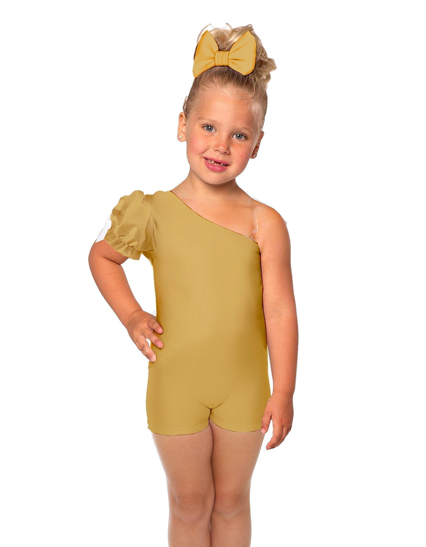 Solid Lycra One Shoulder Puff Sleeve Biketard