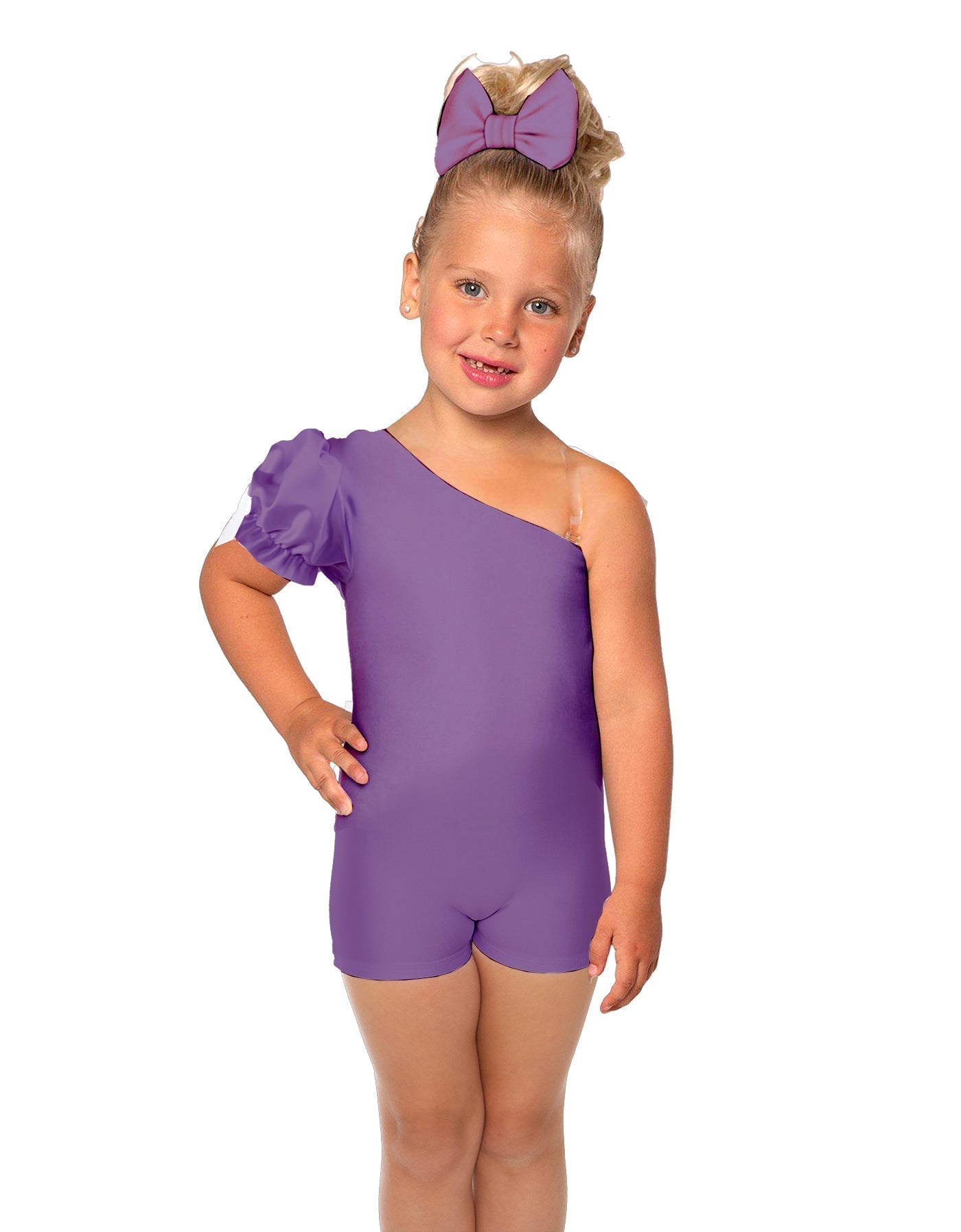 Solid Lycra One Shoulder Puff Sleeve Biketard