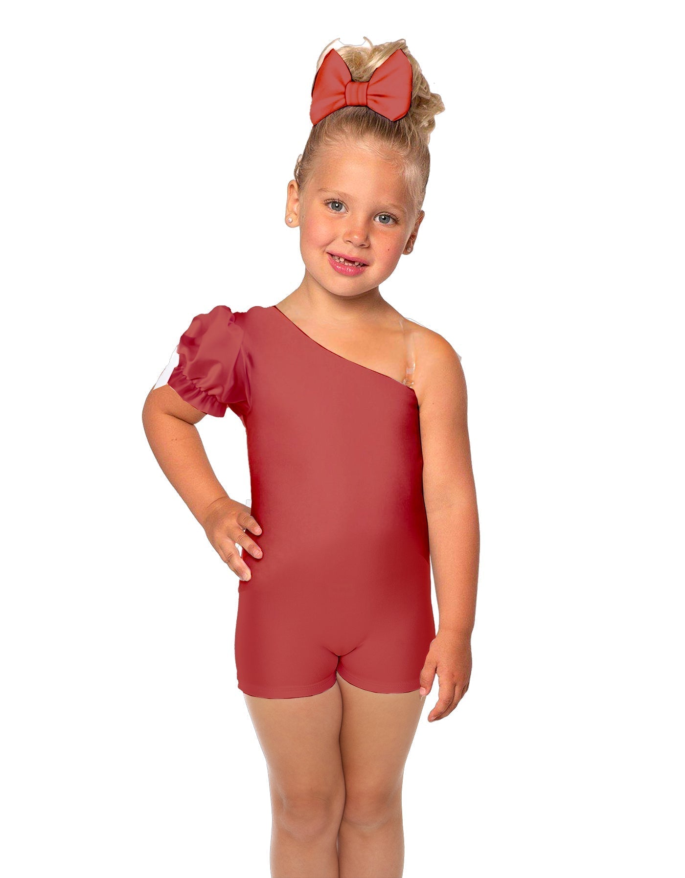 Solid Lycra One Shoulder Puff Sleeve Biketard