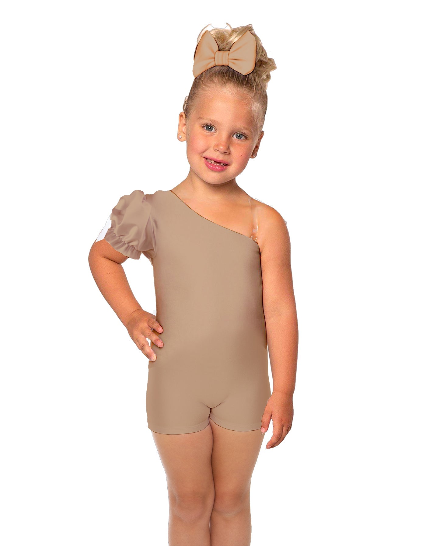 Solid Lycra One Shoulder Puff Sleeve Biketard