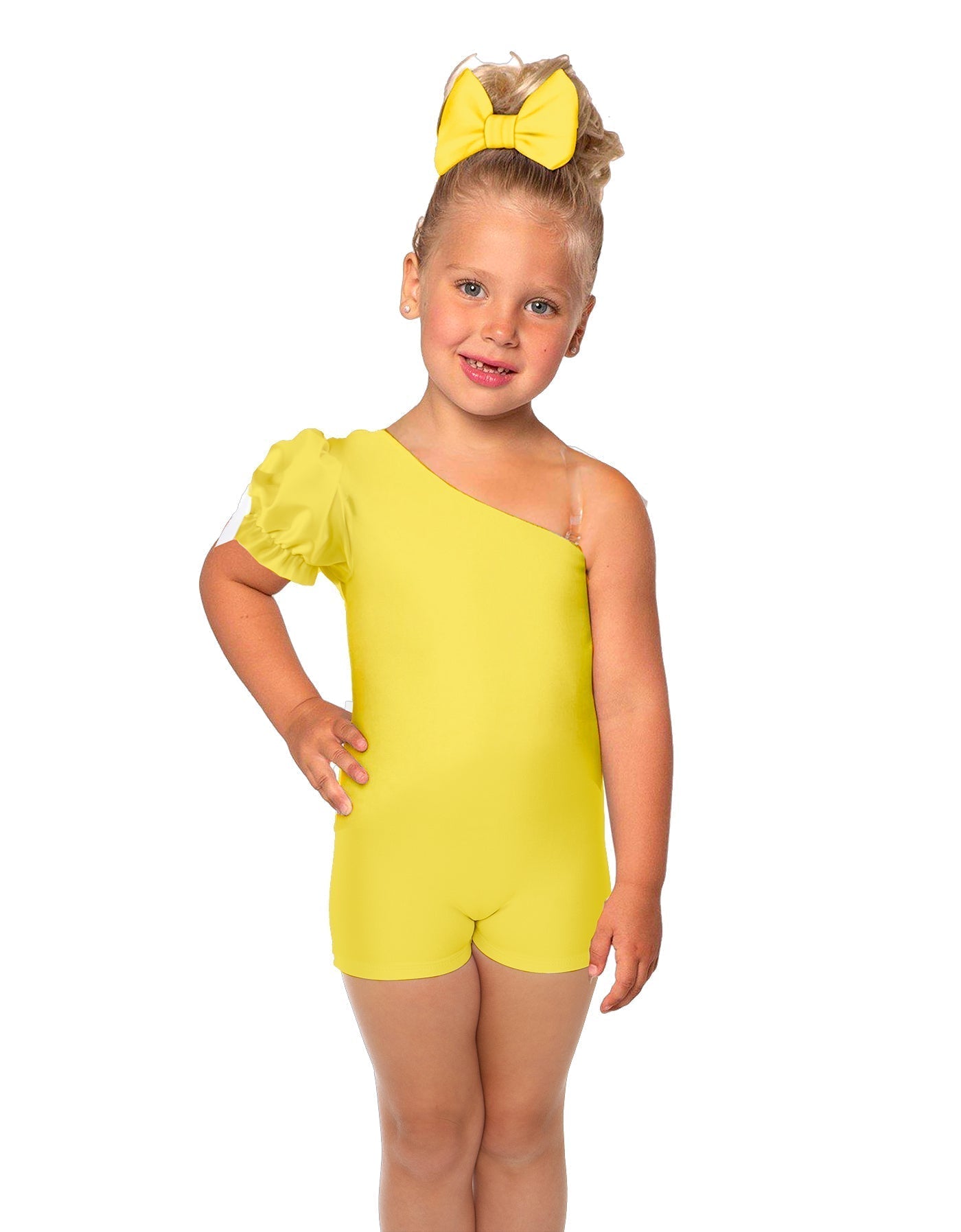 Solid Lycra One Shoulder Puff Sleeve Biketard