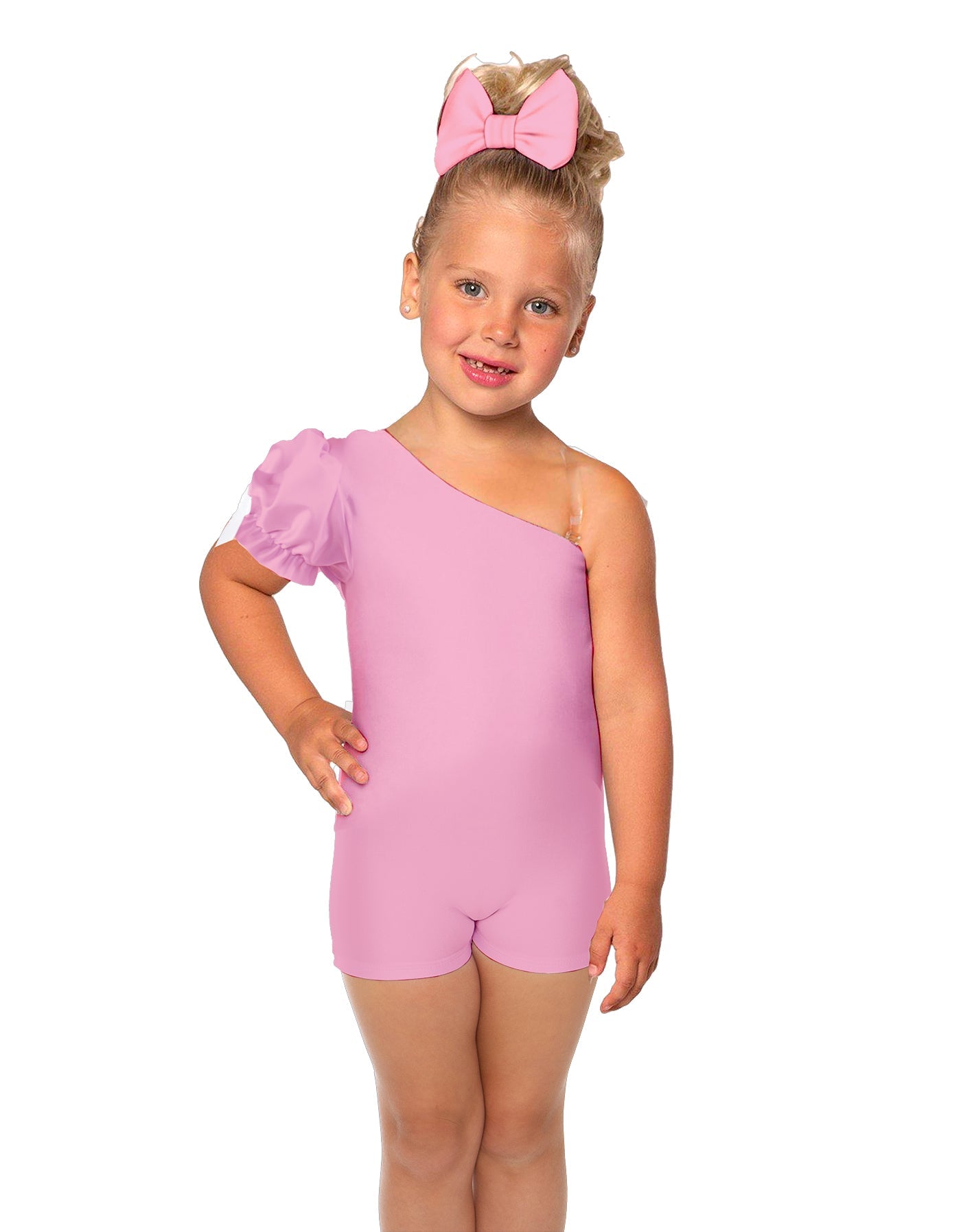 Solid Lycra One Shoulder Puff Sleeve Biketard