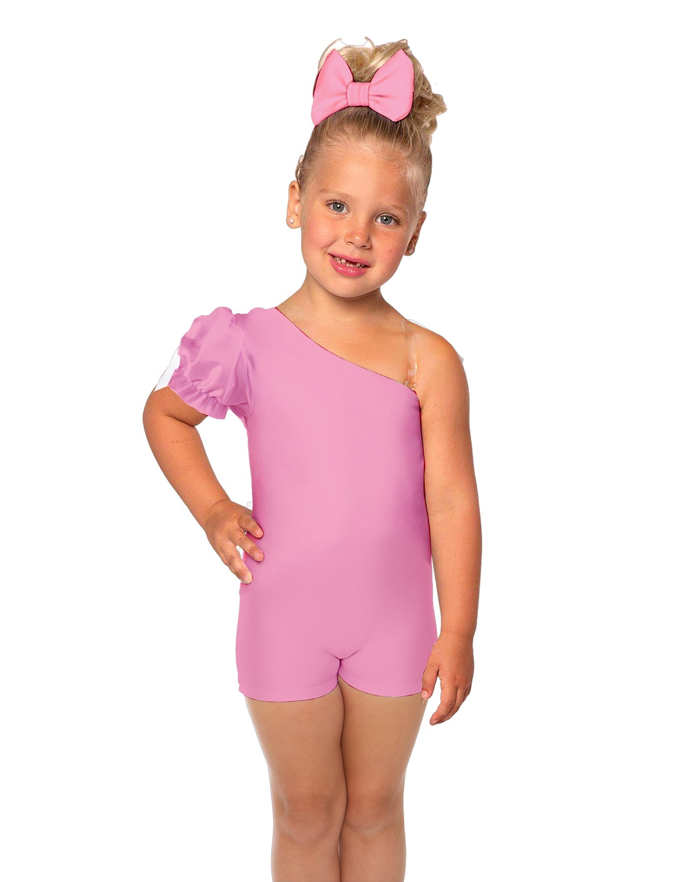 Solid Lycra One Shoulder Puff Sleeve Biketard