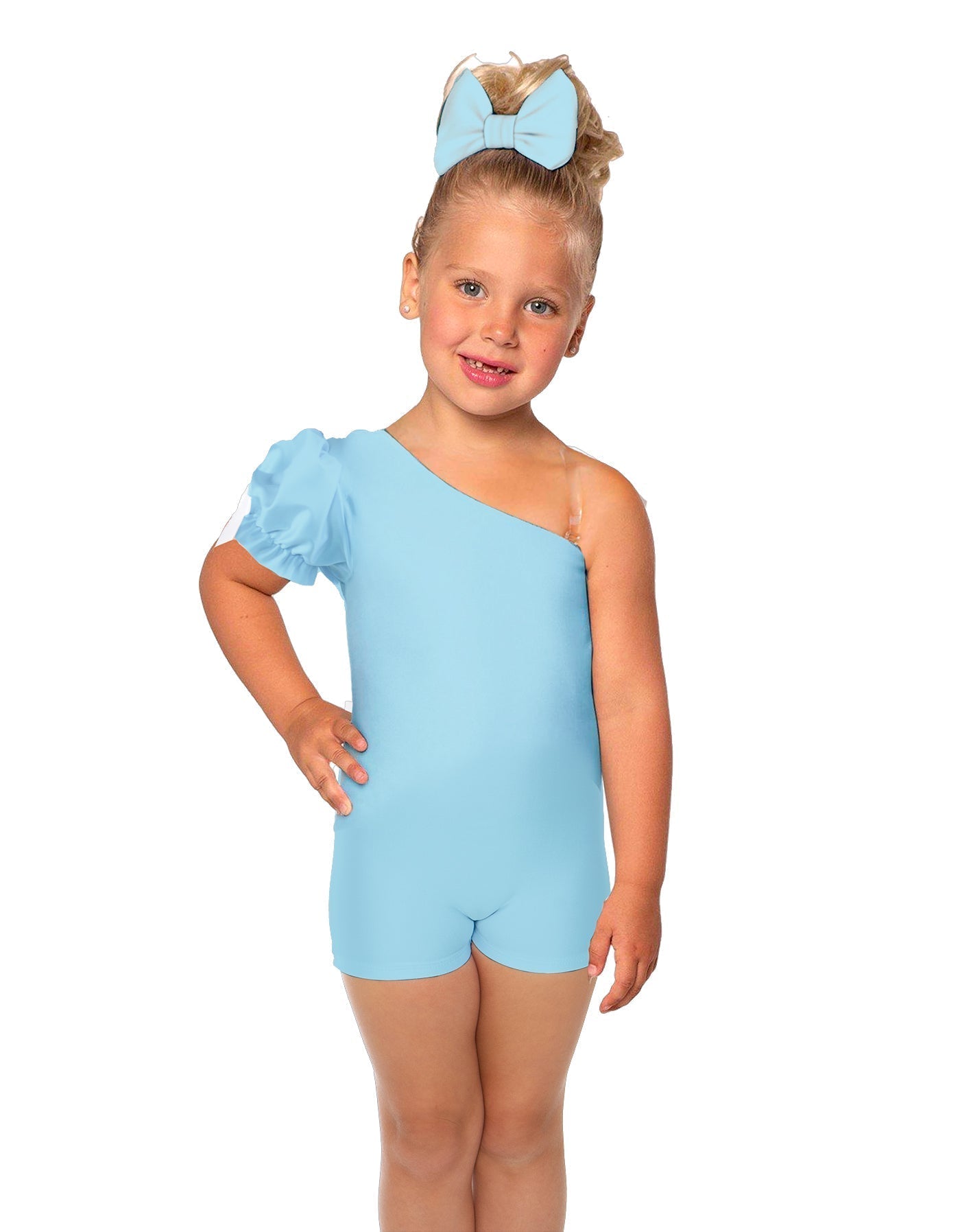 Solid Lycra One Shoulder Puff Sleeve Biketard