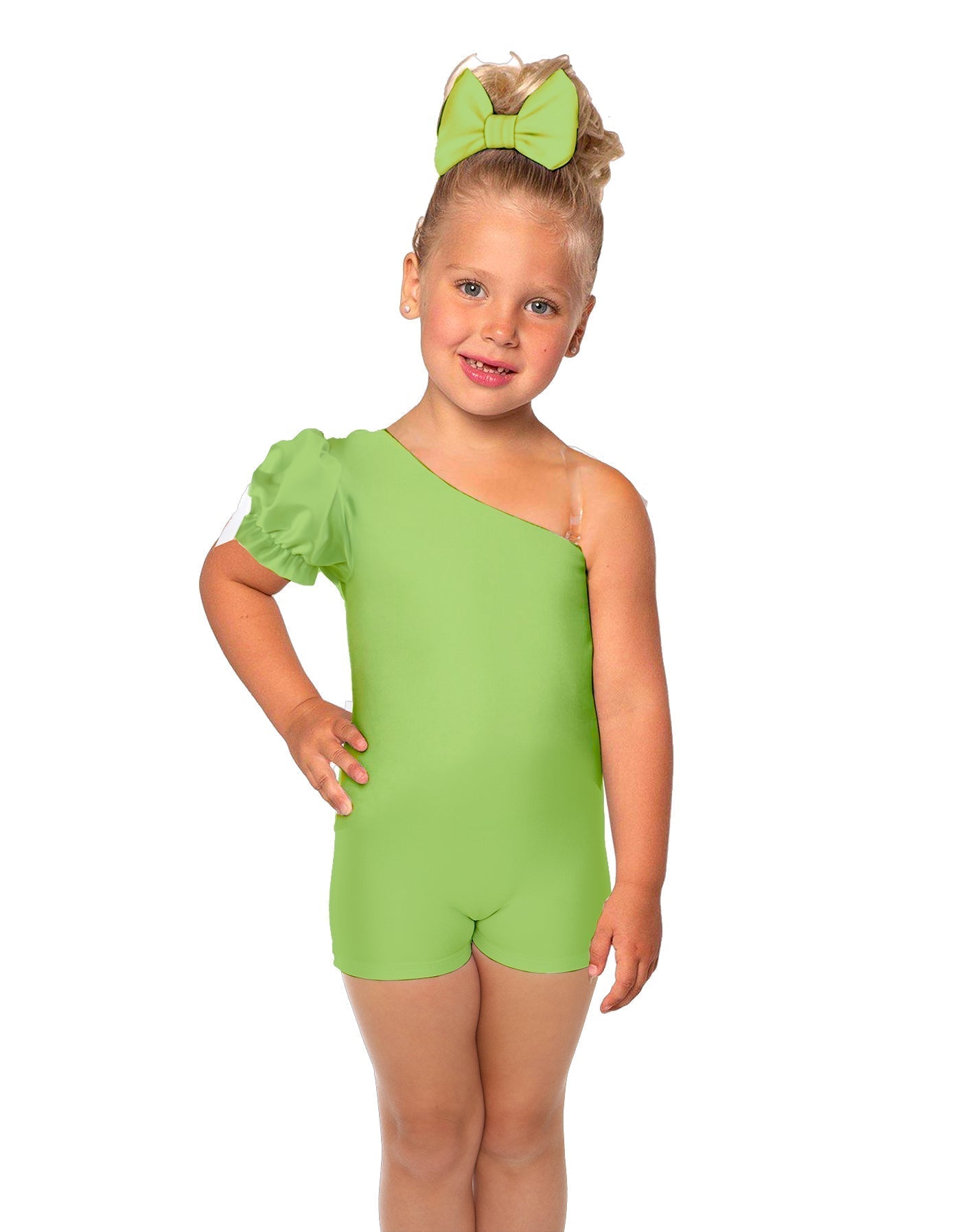 Solid Lycra One Shoulder Puff Sleeve Biketard