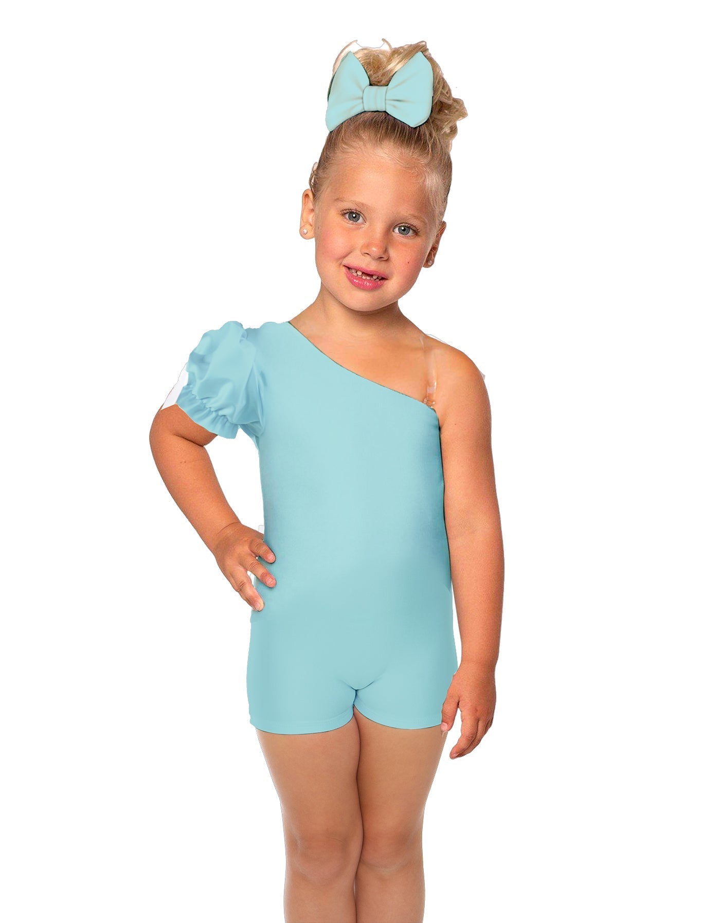 Solid Lycra One Shoulder Puff Sleeve Biketard