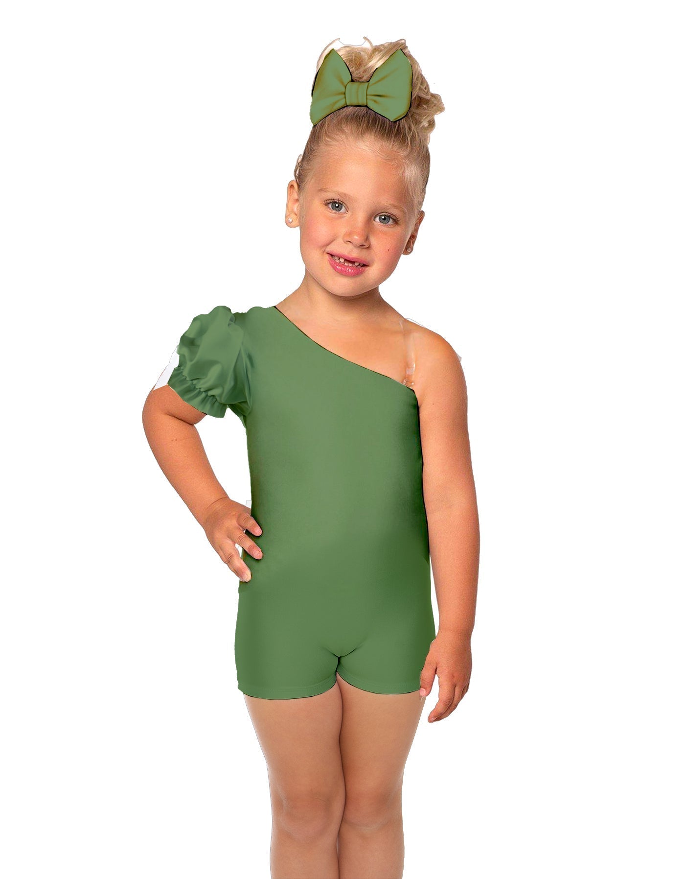 Solid Lycra One Shoulder Puff Sleeve Biketard