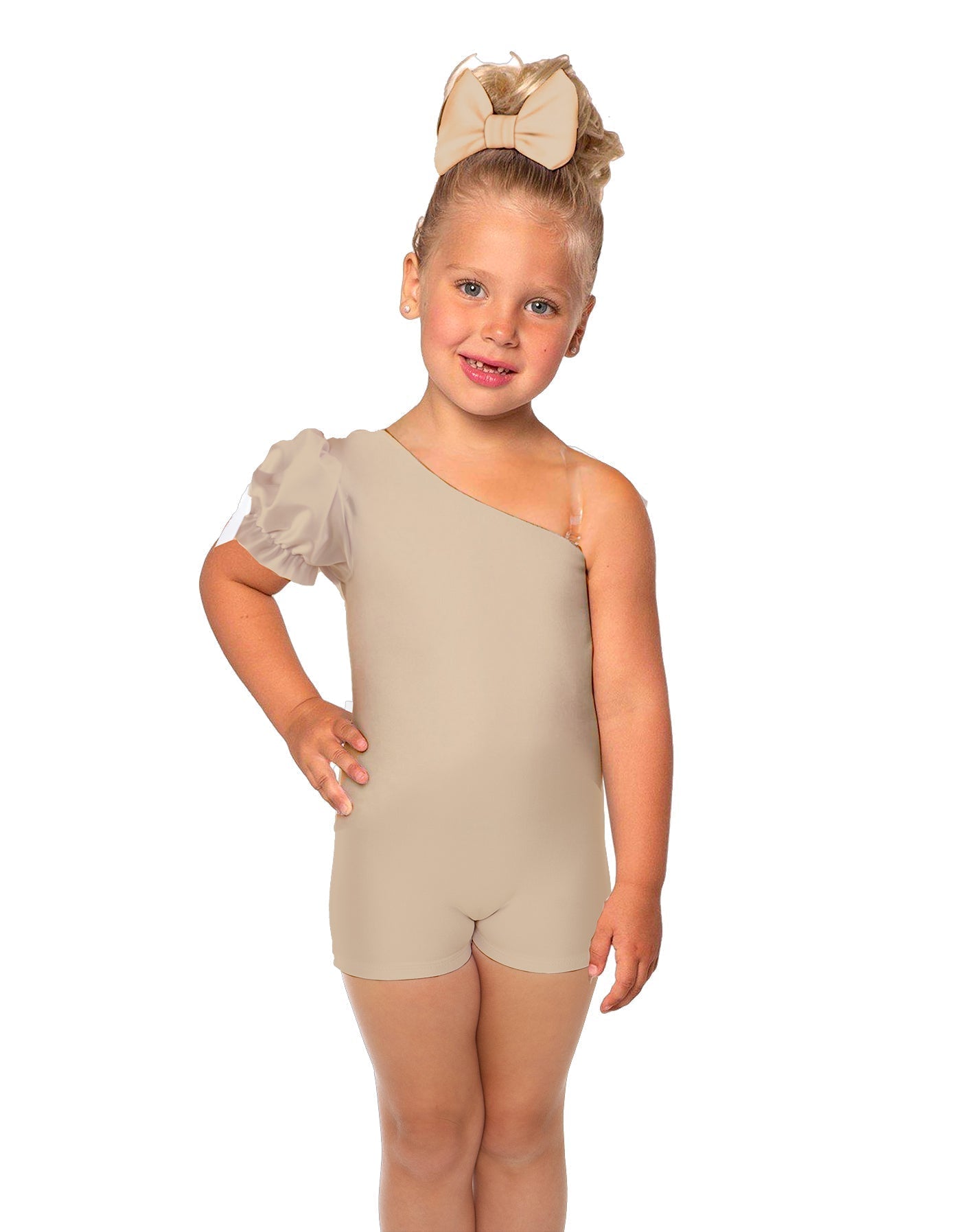 Solid Lycra One Shoulder Puff Sleeve Biketard