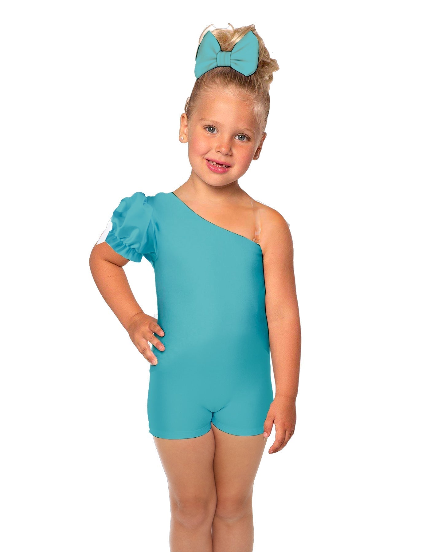 Solid Lycra One Shoulder Puff Sleeve Biketard