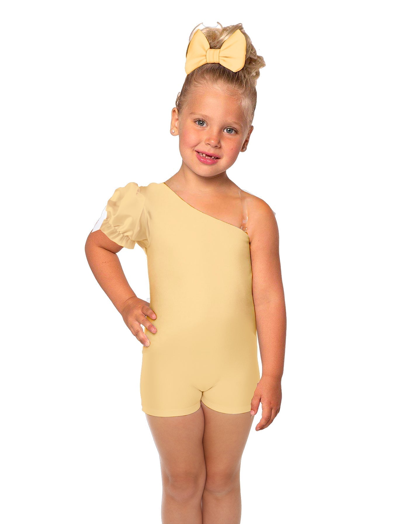 Solid Lycra One Shoulder Puff Sleeve Biketard