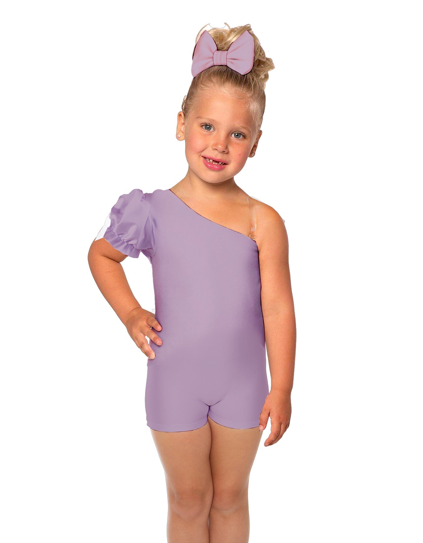Solid Lycra One Shoulder Puff Sleeve Biketard