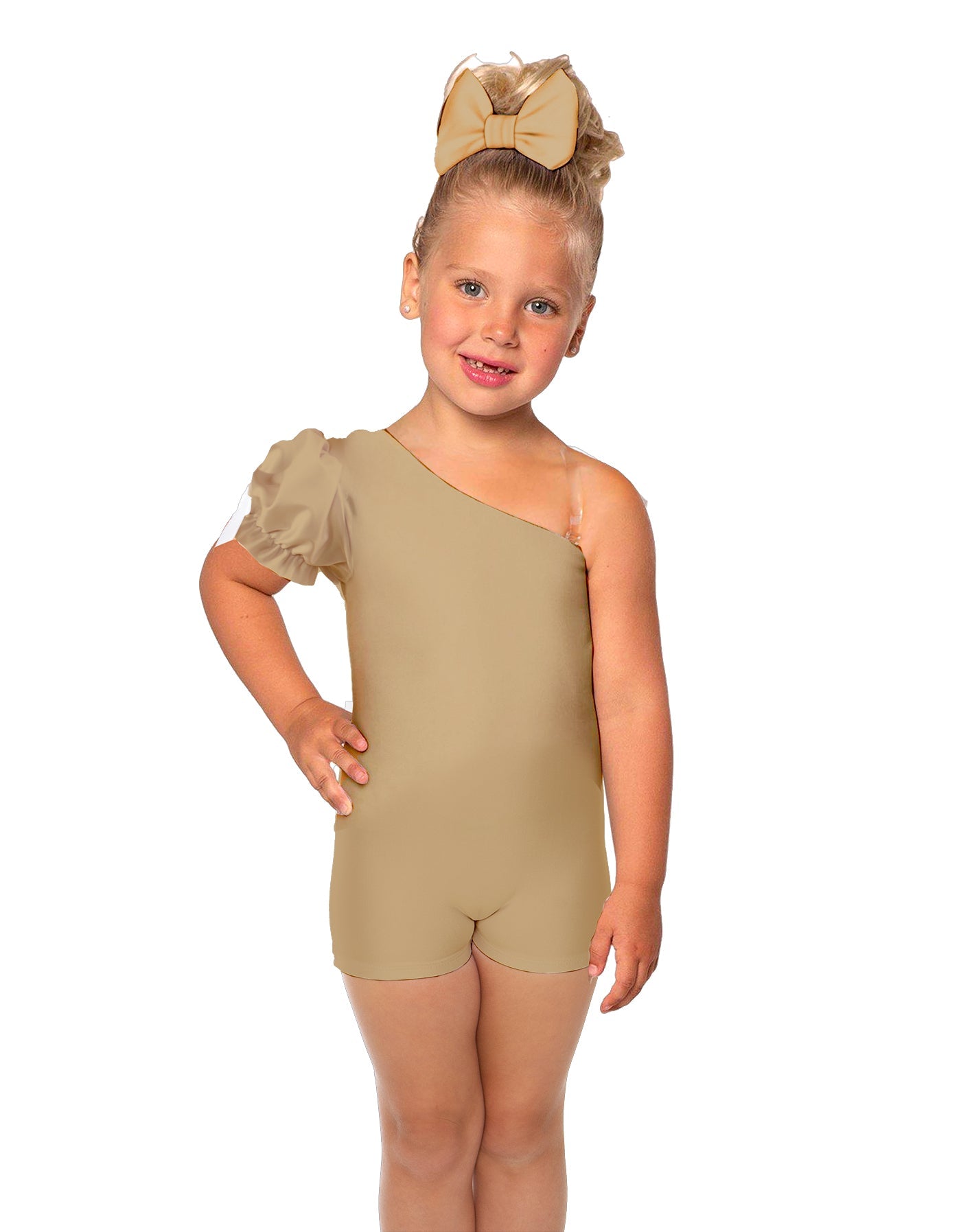 Solid Lycra One Shoulder Puff Sleeve Biketard