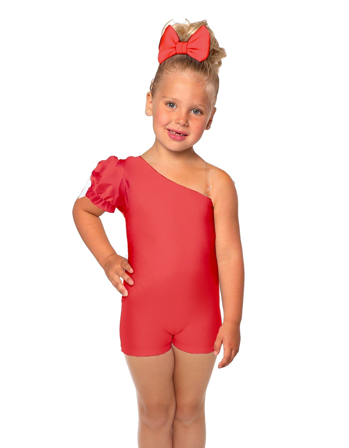Solid Lycra One Shoulder Puff Sleeve Biketard