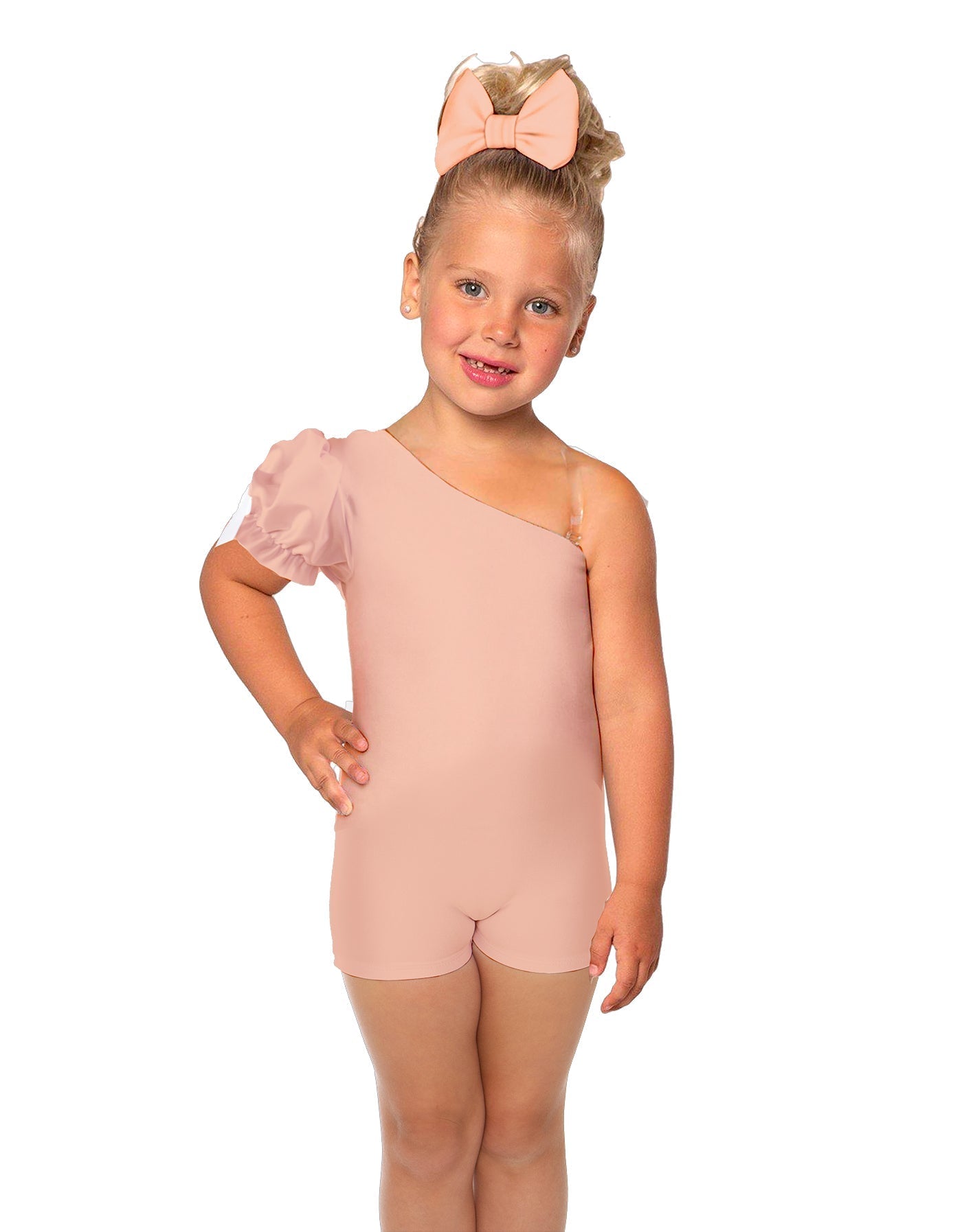 Solid Lycra One Shoulder Puff Sleeve Biketard