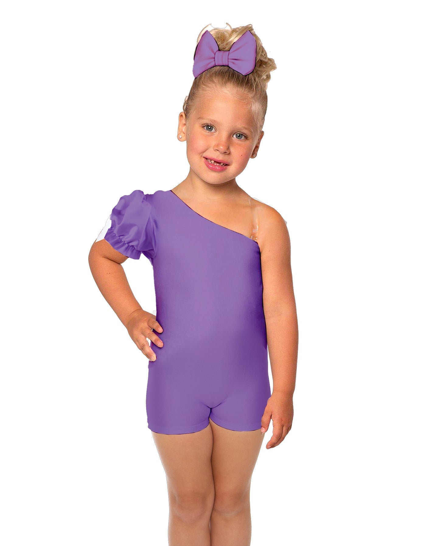 Solid Lycra One Shoulder Puff Sleeve Biketard