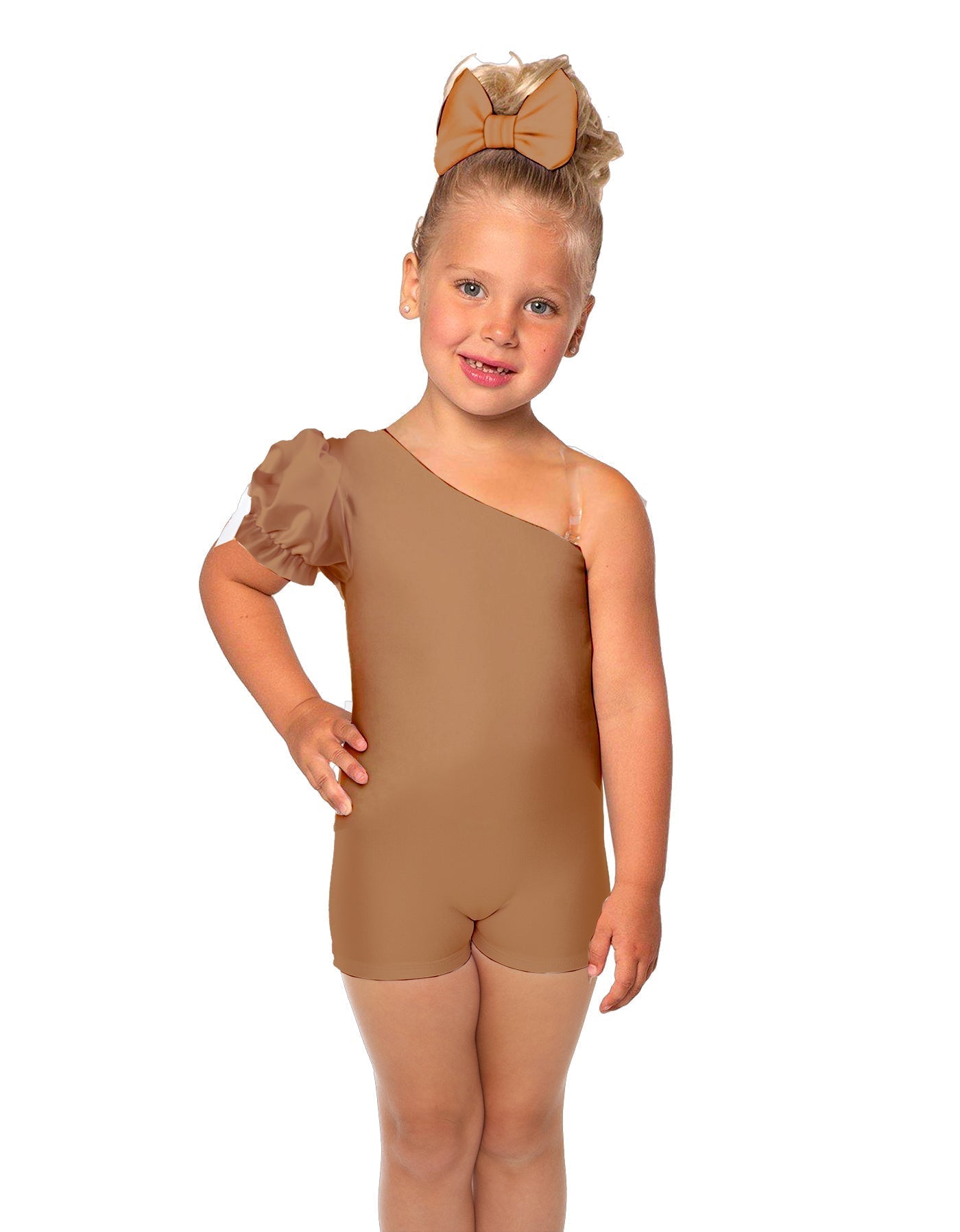 Solid Lycra One Shoulder Puff Sleeve Biketard