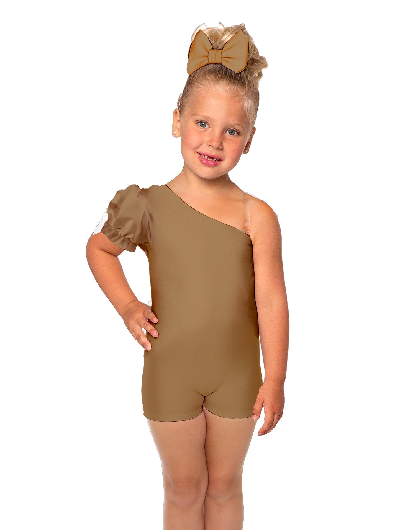 Solid Lycra One Shoulder Puff Sleeve Biketard