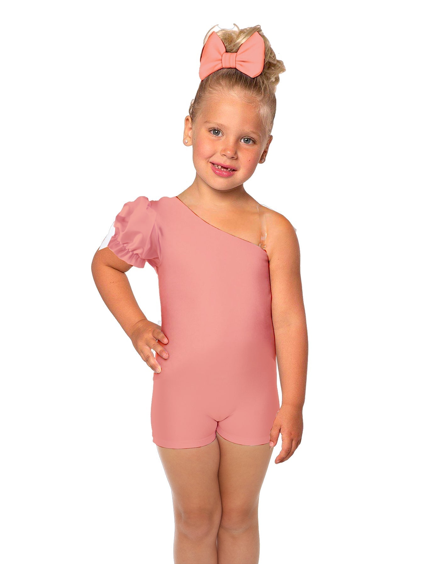 Solid Lycra One Shoulder Puff Sleeve Biketard