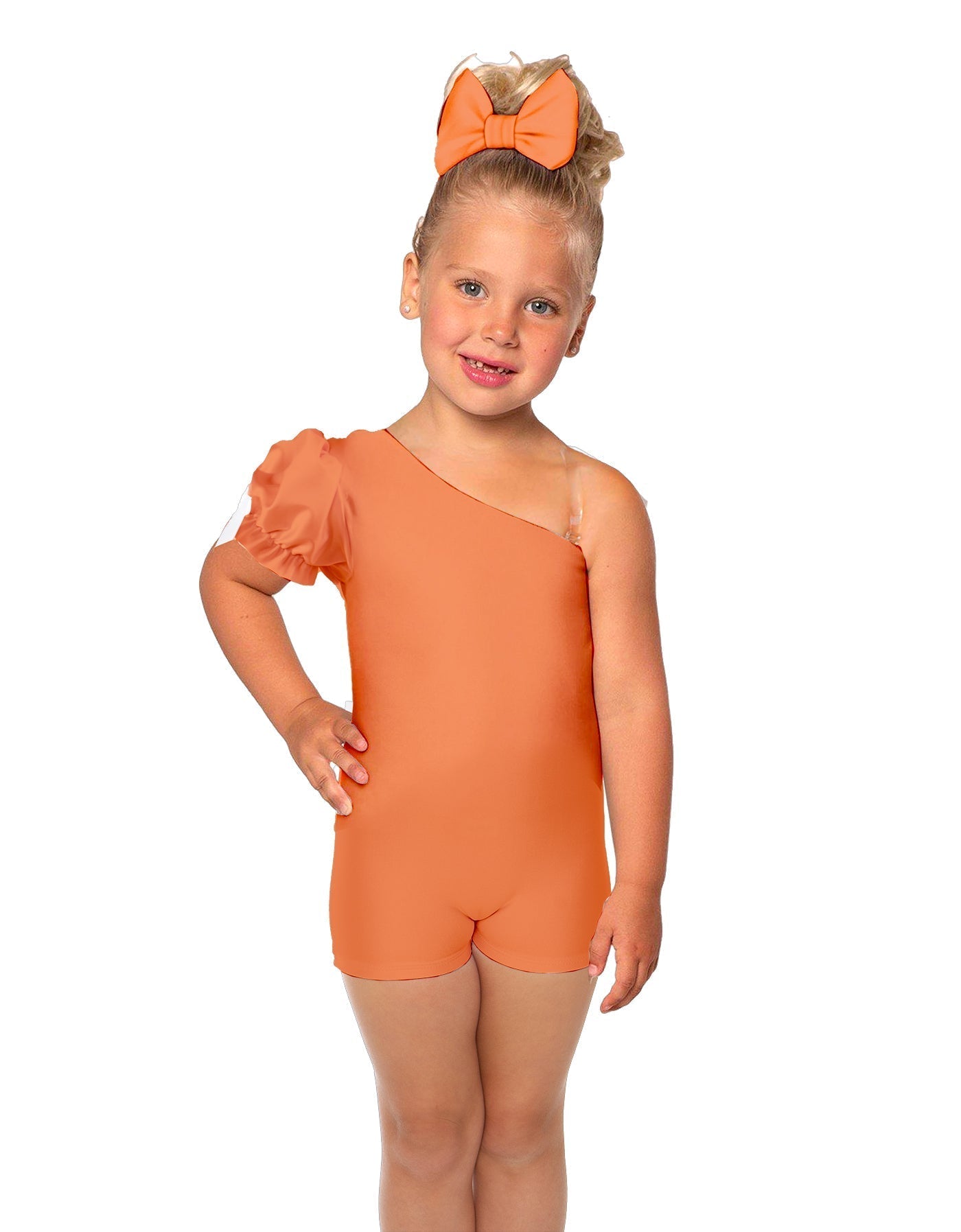 Solid Lycra One Shoulder Puff Sleeve Biketard