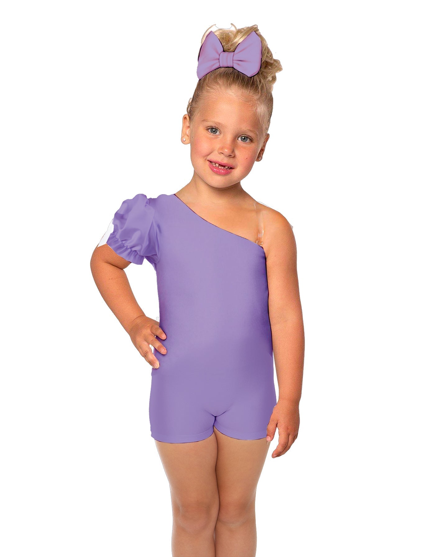 Solid Lycra One Shoulder Puff Sleeve Biketard