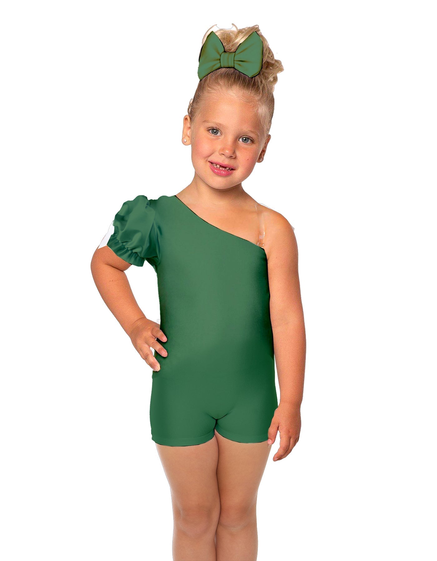Solid Lycra One Shoulder Puff Sleeve Biketard