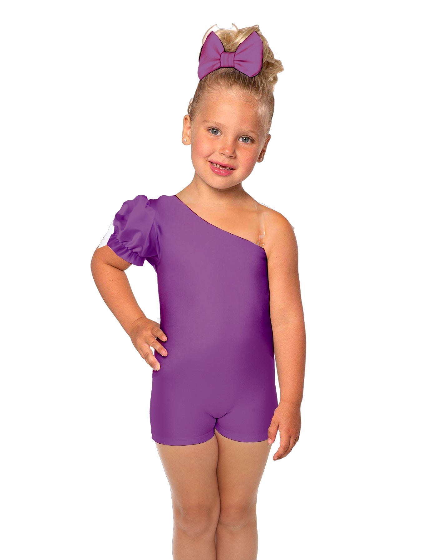 Solid Lycra One Shoulder Puff Sleeve Biketard