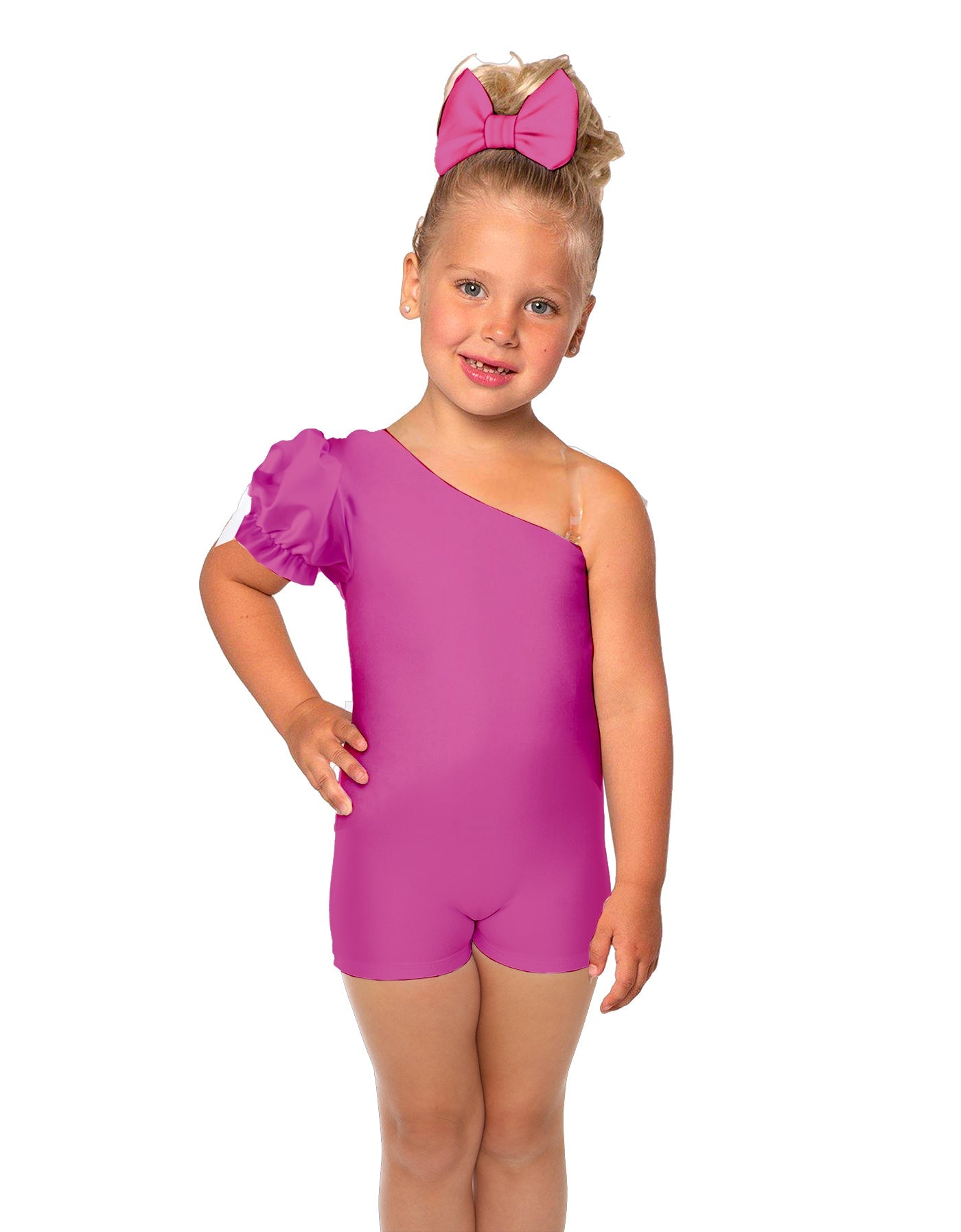 Solid Lycra One Shoulder Puff Sleeve Biketard